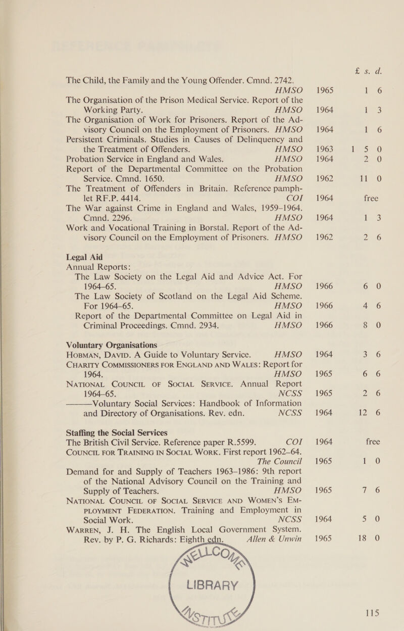   The Child, the Family and the Young Offender. Cmnd. 2742. The Organisation of the Prison Medical Service. Report of the Working Party. HMSO The Organisation of Work for Prisoners. Report of the Ad- visory Council on the Employment of Prisoners. HMSO Persistent Criminals. Studies in Causes of Delinquency and the Treatment of Offenders. HMSO Probation Service in England and Wales. HMSO Report of the Departmental Committee on the Probation Service. Cmnd. 1650. HMSO The Treatment of Offenders in Britain. Reference pamph- let RF.P. 4414. Col The War against Crime in England and Wales, 1959-1964. Cmnd. 2296. HMSO Work and Vocational Training in Borstal. Report of the Ad- visory Council on the Employment of Prisoners. HMSO Legal Aid The Law Society on the eg Aid and Advice Act. For  1964-65. HMSO The Law Society of Scotland on the Legal Aid Scheme. For 1964-65. HMSO Report of the Departmental Committee on Legal Aid in Criminal Proceedings. Cmnd. 2934. HMSO Voluntary Organisations HosMan, Davin. A Guide to Voluntary Service. HMSO CHARITY COMMISSIONERS FOR ENGLAND AND WALES: Report for NATIONAL COUNCIL OF SOCIAL SERVICE. Annual Report 1964-65. NCSS Voluntary Social Services: Handbook of Information and Directory of Organisations. Rev. edn. NCSS Staffing the Social Services The British Civil Service. Reference paper R.5599. COI COUNCIL FOR TRAINING IN SOCIAL Work. First report 1962-64. The Council Demand for and Supply of Teachers 1963-1986: 9th report of the National Advisory Council on the Training and Supply of Teachers. HMSO NATIONAL COUNCIL OF SOCIAL SERVICE AND WOMEN’S EM- PLOYMENT FEDERATION. Training and Employment in Social Work. NCSS WARREN, J. H. The English Local Government System. Rev. by P. G. Richards: ee dn. Allen &amp; Unwin   LIBRARY   Y a A NST MIA 1964 1964 1963 1964 1962 1964 1964 1962 1966 1966 1966 1964 1965 1964 1964 1965 1965 1964 1965 is