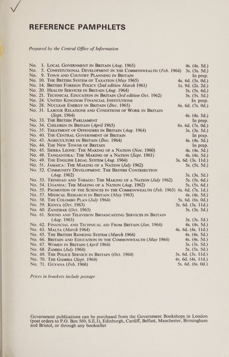  (Sept. 1964) (Aug. 1962) (Aug. 1963) 4s. (4s. 5d.) 3s. (3s. Sd.) 4s. 6d. (5s. 0d.) 1s. 9d. (2s. 2d.) 5s. (Ss. 6d.) 3s. (3s. 5d.) In prep. 6s. 6d. (7s. Od.) 4s. (4s. 5d.) In prep. 6s. 6d. (7s. Od.) 3s. (3s. 5d.) In prep. 4s. (4s. 5d.) In prep. 4s. (4s. 5d.) 4s. (4s. 5d.) 3s. 6d. (3s. 11d.) 5s. (Ss. 5d.) 3s. (3s. 5s. (5s. 5s. (5s. 5d.) 6d.) As. (4s. 5s. 6d. (6s. Od.) 3s. 6d. (3s. 11d. 3s. (3s. 5d.) 3s. (3s. 5d.) 4s. (4s. 5d.) As. 6d. (4s. 11d.) 4s. (4s. 5d.) 4s. (4s. 5d.) 3s. (3s. 5d.) 5s. (5s. 5d.) 3s. 6d. (3s. 11d.) 4s. 6d. (4s. 11d.) 5s. 6d. (6s. Od.)