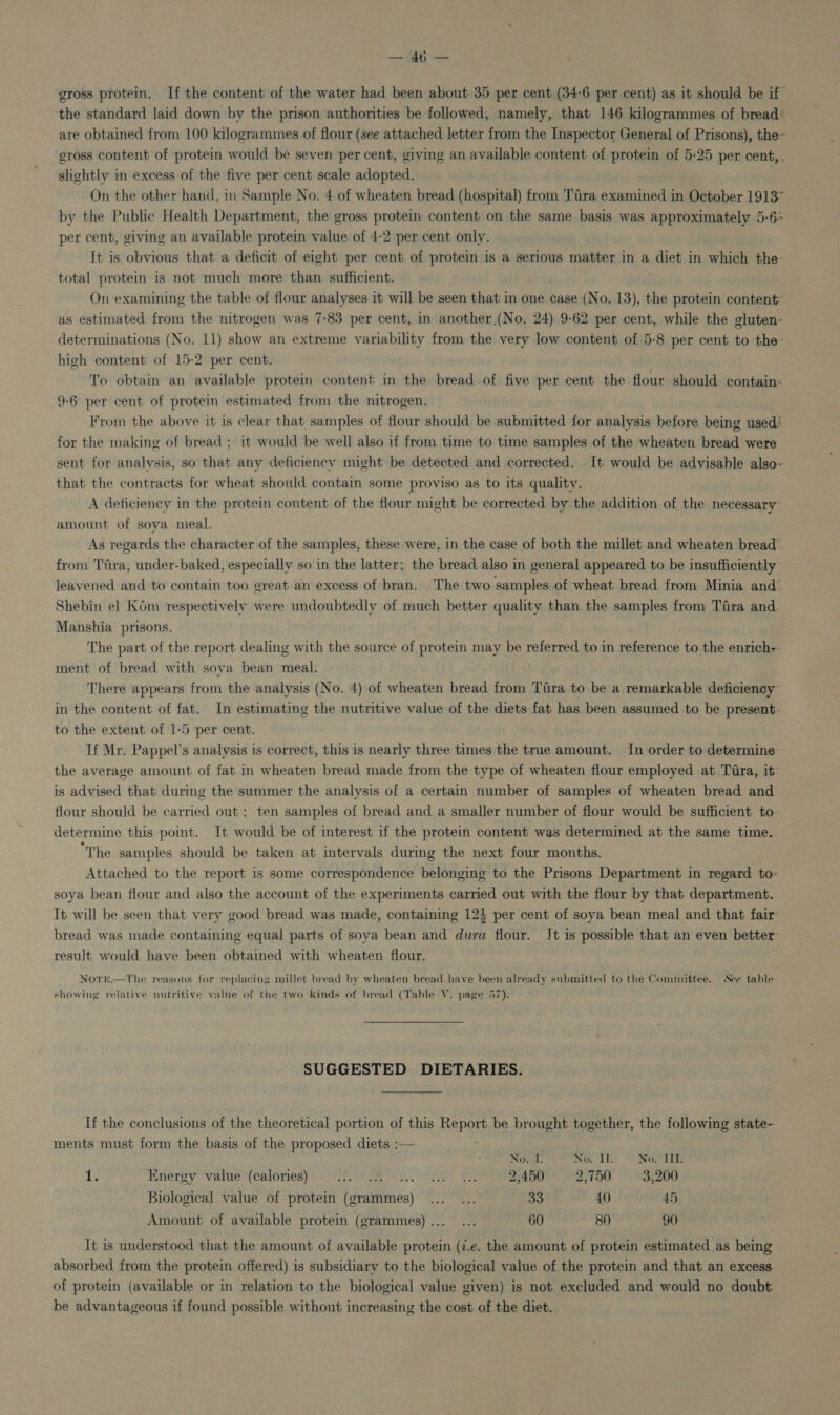 — ae gross protein. If the content of the water had been about 35 per cent (34-6 per cent) as it should be if the standard laid down by the prison authorities be followed, namely, that 146 kilogrammes of bread’ are obtained from 100 kilogrammes of flour (see attached letter from the Inspector General of Prisons), the- ‘gross content of protein would be seven per cent, giving an available content of protein of 5:25 per cent,. slightly in excess of the five per cent scale adopted. On the other hand, in Sample No. 4 of wheaten bread (hospital) from Tfira examined in October 1913” by the Public Health Department, the gross protein content on the same basis was approximately 5-6* per cent, giving an available protein value of 4-2 per cent only. It is obvious that a deficit of eight per cent of protein is a serious matter in a diet in which the- total protein is not much more than sufficient. On examining the table of flour analyses it will be seen that in one case (No. 13), the protein content: as estimated from the nitrogen was 7-83 per cent, m another.(No. 24) 9-62 per cent, while the gluten: determinations (No. 11) show an extreme variability from the very low content of 5:8 per cent to the: high content of 15-2 per cent. To obtain an available protein content in the bread of five per cent the flour should contain: 9-6 per cent of protein estimated from the nitrogen. Krom the above it is clear that samples of flour should be submitted for analysis before being used’ for the making of bread ; it would be well also if from time to time samples of the wheaten bread were sent for analysis, so that any deficiency might be detected and corrected. It would be advisable also- that the contracts for wheat should contain some proviso as to its quality. A deficiency in the protein content of the flour might be corrected by the addition of the necessary amount of soya meal. As regards the character of the samples, these were, in the case of both the millet and wheaten bread’ from Tira, under-baked, especially so in the latter; the bread also in general appeared to be insufficiently’ leavened and to contain too great an excess of bran. The two samples of wheat bread from Minia and’ Shebin el Kém respectively were undoubtedly of much better quality than the samples from Tira and. Manshia prisons. The part of the report dealing with the source of protein may be referred to in reference to the enrich-- ment of bread with soya bean meal. There appears from the analysis (No. 4) of wheaten bread from Titra to be a remarkable deficiency” in the content of fat. In estimating the nutritive value of the diets fat has been assumed to be present. to the extent of 1-5 per cent. If Mr. Pappel’s analysis is correct, this is nearly three times the true amount. In order to determine the average amount of fat in wheaten bread made from the type of wheaten flour employed at Tira, it is advised that during the summer the analysis of a certain number of samples of wheaten bread and flour should be carried out ; ten samples of bread and a smaller number of flour would be sufficient to: determine this point. It would be of interest if the protein content was determined at the same time. “The samples should be taken at intervals during the next four months. Attached to the report is some correspondence belonging to the Prisons Department in regard to- soya bean flour and also the account of the experiments carried out with the flour by that department. It will be seen that very good bread was made, containing 124 per cent of soya bean meal and that fair bread was made containing equal parts of soya bean and dura flour. Jt is possible that an even better: result would have been obtained with wheaten flour. NorrE.—The reasons for replacing millet bread by wheaten bread have been already submitted to the Committee. See table showing relative nutritive value of the two kinds of bread (Table V. page 57). SUGGESTED DIETARIES. If the conclusions of the theoretical portion of this appr be brought together, the following state- ments must form the basis of the proposed diets :— Noval: No. Il. No. IIL. iM Energy value (calories) © (3). JRO, 2,450 2,750 3,200 Biological value of protein (grammes) ... ... 33 40 45 Amount of available protein (grammes)... ... 60 80 90 It is understood that the amount of available protein (7.e. the amount of protein estimated as being absorbed from the protein offered) is subsidiary to the biological value of the protein and that an excess of protein (available or in relation to the biological value given) is not excluded and would no doubt be advantageous if found possible without increasing the cost of the diet.