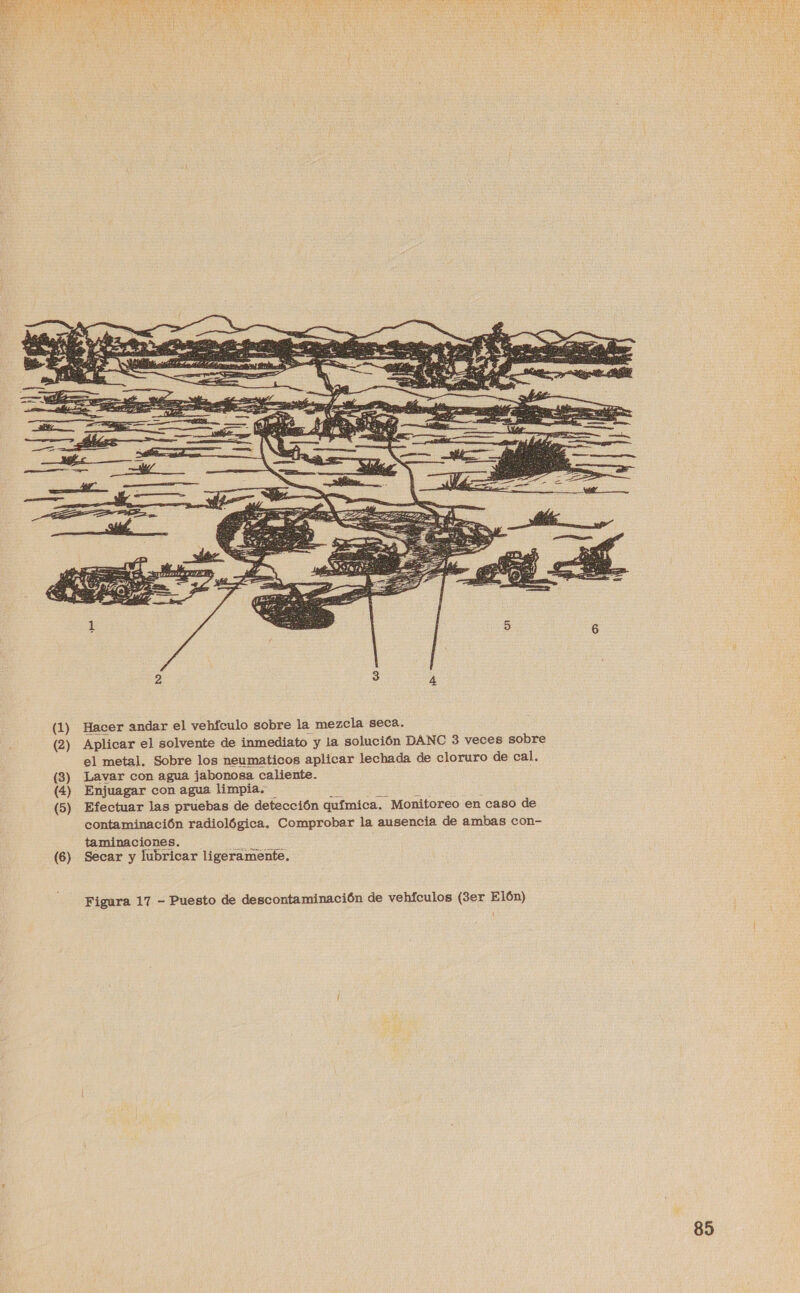 qa  a pa SÓ (3) (4) (5) (6) Hacer andar el vehfculo sobre la mezcla seca. Aplicar el solvente de inmediato y la solución DANC 3 veces sobre el metal. Sobre los neumaticos aplicar lechada de cloruro de cal. Lavar con agua jabonosa caliente. Enjuagar con agua limpia. Efectuar las pruebas de detección química. Monitoreo en caso de contaminación radiológica. Comprobar la ausencia de ambas con- taminaciones. Secar y lubricar ligeramente. Figura 17 - Puesto de descontaminación de vehículos (3er Elón)