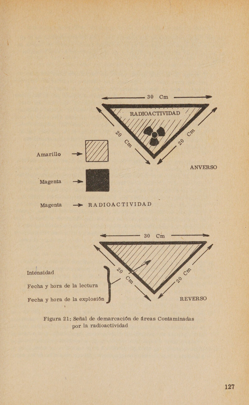 Amarillo  ANVERSO Ma genta  Magenta —&gt;» RADIOACTIVIDAD Intensidad Fecha y hora de la lectura Fecha y hora de la explosión o REVERSO 3  Figura 21: Señal de demarcación de áreas Contaminadas por la radioactividad