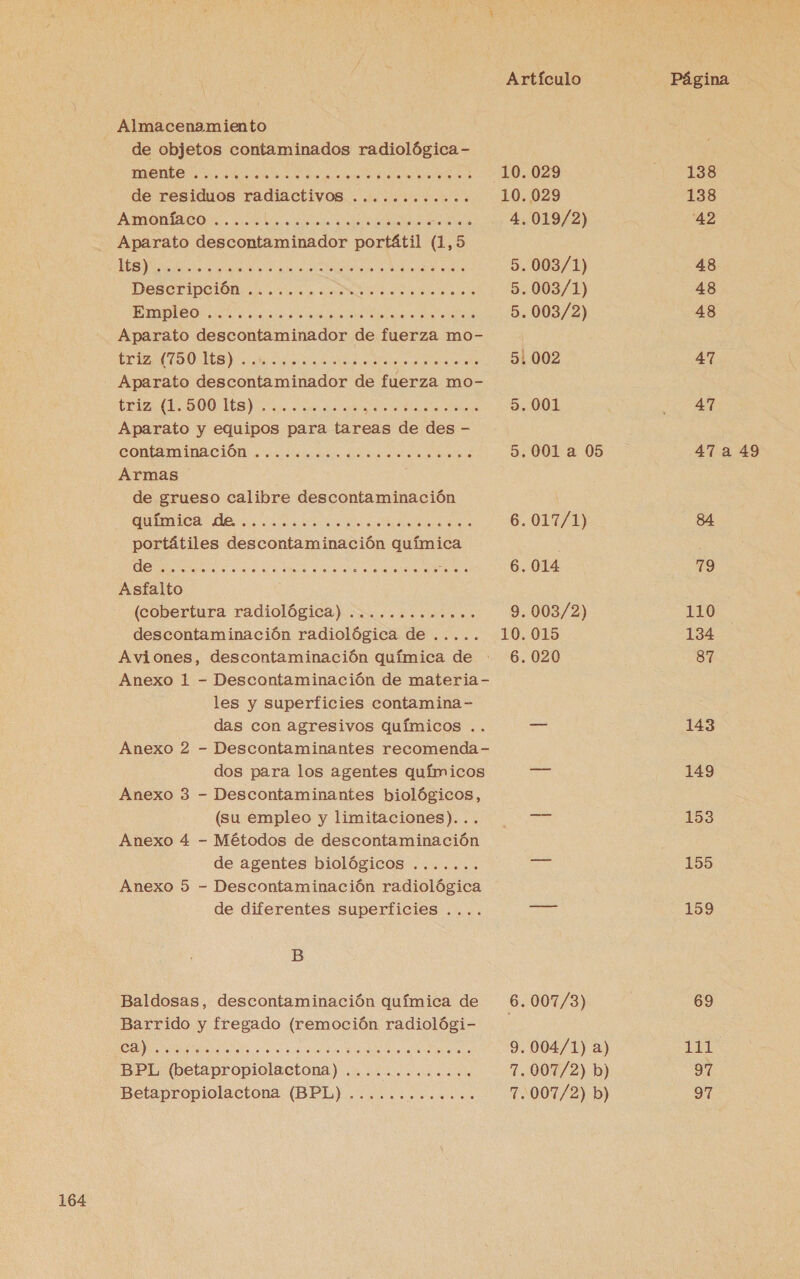 164 Almacenamiento de objetos contaminados radiológica - A A de residuos radiactivoS ............ Amoníaco ..... A A Aparato descontaminador portátil (1,5 AS O A DISSOTIPCIÓA a e a Aparato descontaminador de fuerza mo- A A Aparato descontaminador de fuerza mo- LANA AA A RS Armas de grueso calibre descontaminación pa rio a A A A e IS portátiles descontaminación química e ON UA Ai AS Asfalto (cobertura radiológica) ............. descontaminación radiológica de ..... Aviones, descontaminación química de Anexo 1 - Descontaminación de materia - les y superficies contamina - das con agresivos químicos .. Anexo 2 - Descontaminantes recomenda- dos para los agentes químicos Anexo 3 - Descontaminantes biológicos, (su empleo y limitaciones)... Anexo 4 - Métodos de descontaminación de agentes biológicos ....... Anexo 5 - Descontaminación radiológica de diferentes superficies .... B Baldosas, descontaminación química de Barrido y fregado (remoción radiológi- BPL (betapropiolactona) ............. Betapropiolactona (BPL) ............. 10. 029 4.019/2) 5. 003/1) 5. 003/1) 5, 002 5. 001 6.017/1) 6.014 9.003/2) 10. 015 6.020 6. 007/3) .007/2) b) 7.007/2) b) ==] 138 138 42 48 48 47 47 19 110 134 87 143 149 153 155 159 69 97 97