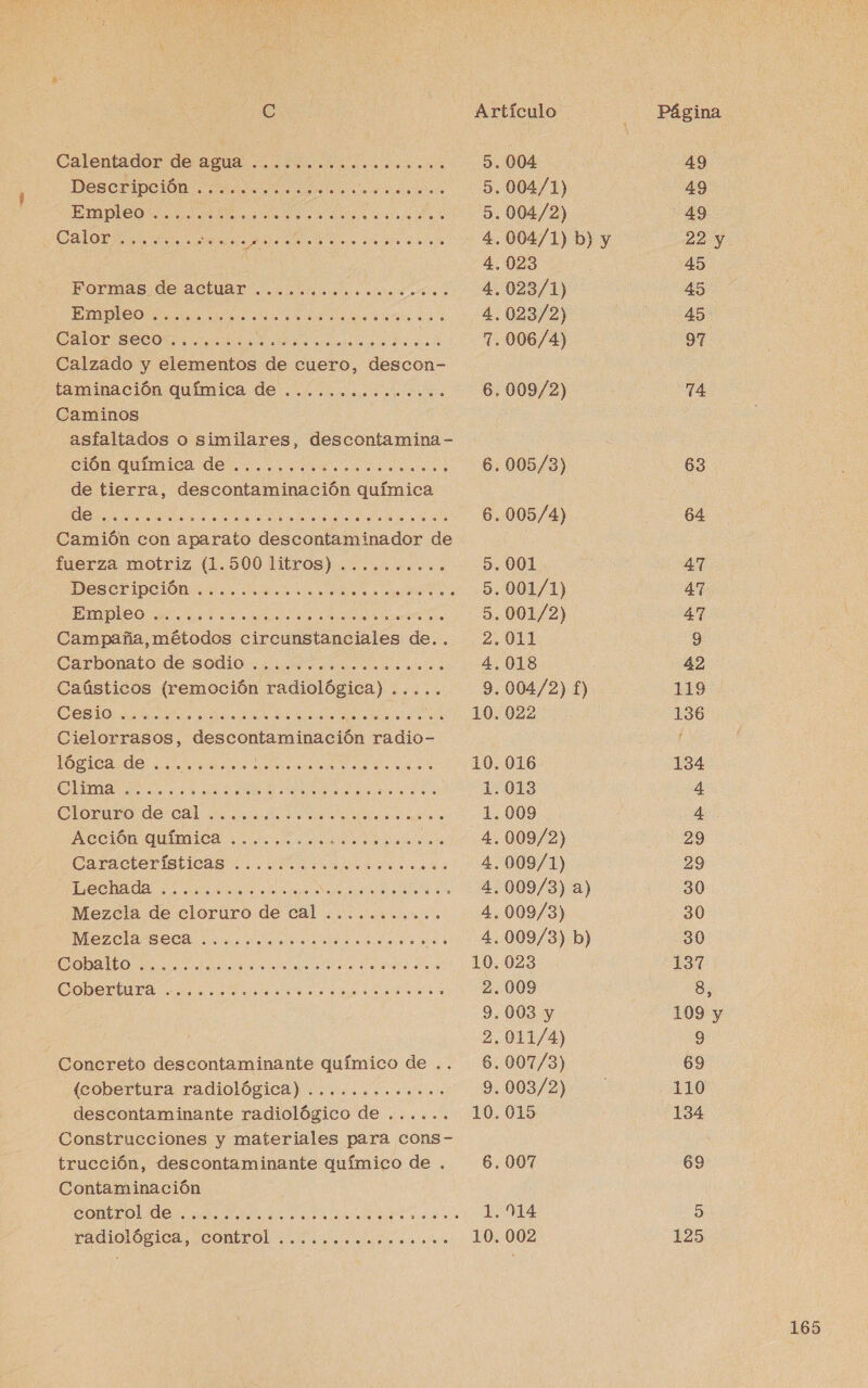 Calentador de aguas Descripción Master ea is Empleo ........ A Is ia aa O A A ÓN ca Calzado y elementos de cuero, descon- taminación química de ......... e... su. Caminos asfaltados o similares, descontamina-— ción quimica der. noseads.s ea meno a de tierra, descontaminación química E A AS Camión con aparato descontaminador de fuerza motriz (1.500 litros) .......... Descrip is o DER e ca DICO apa 20 pi OS Campaña, métodos circunstanciales de... Carbonato de SOdÍO ida ola allen Cielorrasos, descontaminación radio- ea de aaa erre a e ada e A A E E A CUOTURO deCal ie aia raros ea al ECION AMICS cas dao oa adora CarleteriSticaso us its ae a AN A Concreto descontaminante químico de . (cobertura radiológica»... 0... descontaminante radiológico de ...... Construcciones y materiales para cons- trucción, descontaminante químico de , Contaminación COMLEOLICO 1. urls ara due alii y do radi0lOsicd: ICOMLLOL 1 alas las eee dais [ep] 97] fai hs So bal O OGONDN0NO+S&gt; $ o] pa pa pa pun JA a qa &gt; ga ga al O 0*Noo . 004 .004/1) . 004/2) .004/1) b) y 023 .023/1) .023/2) .006/4) . 009/2) .005/3) .005/4) . 001 . 001/1) . 001/2) . 011 018 .004/2) f) . 022 . 016 . 013 009 . 009/2) . 009/1) .009/3) a) . 009/3) . 009/3) b) 023 009 003 y . 011/4) . 007/3) . 003/2) . 015 . 007 . 014 . 002 Página 49 49 49 22 y 45 45 45 97 74 63 64 47 47 47 42 119 136 134 29 29 30 30 30 137 109 y 69 ¡SEO 134 69 125