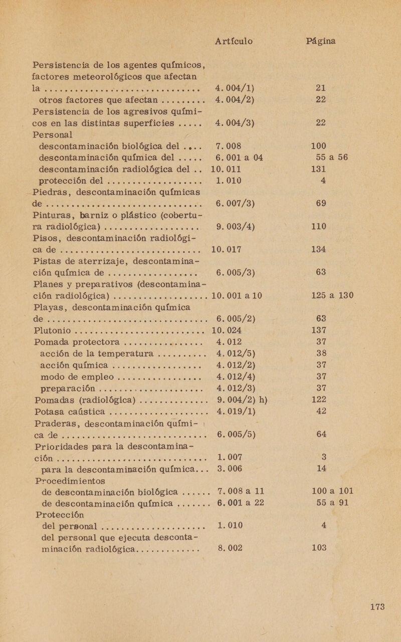 Persistencia de los agentes químicos, factores meteorológicos que afectan IS e E e 2 4004/71) 21 otros factores que afectan ......... 4.004/2) 22 Persistencia de los agresivos quími- cos en las distintas superficies ..... 4.004 /3) 22 Personal / descontaminación biológica del .... 7.008 . 100 descontaminación química del ..... 6.001 a 04 55 a 56 descontaminación radiológica del .. 10.011 131 protección del ......... A o E 1. 010 4 Piedras, descontaminación químicas A A A . 6.007/3) 69 Pinturas, barniz o plástico (cobertu- E TadolOgIica) Jos oa della de a 9. 003/4) 110 Pisos, descontaminación ie A O E RO 10.017 134 Pistas de aterrizaje, descontamina- cion Química de ici is E 6.005/3) 63 Planes y preparativos ¡descontemmiaa SIQUTadiolOBiCca) mota le alar o 10.001 a 10 125 a 130 Playas, descontaminación química : A O 6.005/2) 63 A A o 1 10. 024 ST Pomada protectora .....co.osoo.... 4.012 37 acción de la temperatura .......... 4.012/5) 38 ase ion QUÍMICA 0 dese 4.012/2) 31 modo. de empleo concede decae 4.012/4) 37 PEEPAración a noes 4.012/3) 3 Pomadas (radiológica) .............. 9.004/2) h) 122 Potdsa CAMSLICA 2. sagas es es 4.019/1) 42 Praderas, descontaminación quími- : SA O e 6.005/5) 64 Prioridades para la descontamina- O A A EA AR 1.007 3 para la descontaminación química... 3.006 14 Procedimientos de descontaminación biológica ...... 7.008 a 11 100 a 101 de descontaminación química ....... 6.001 a 22 55 a 91 Protección A A 1.010 4 del personal que ejecuta desconta- minación radiológica............. 8. 002 103