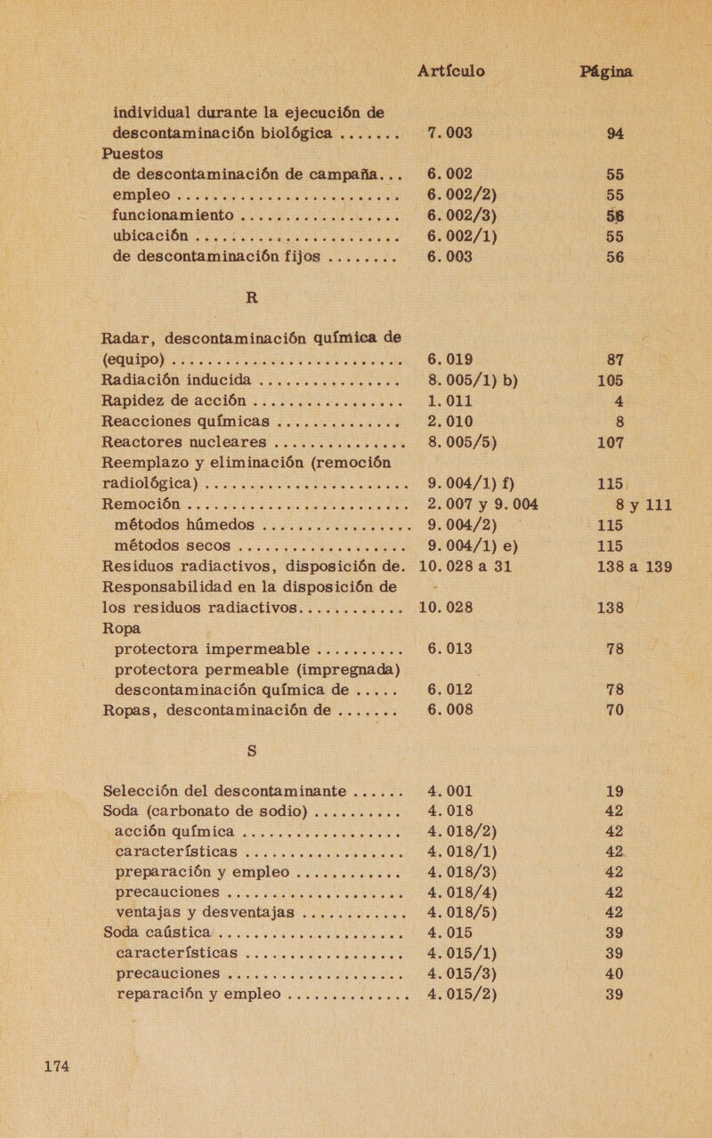 174 individual durante la ejecución de descontaminación biológica ....... 7.003 Puestos de descontaminación de campaña... 6.002 CUDIOO:. 07d a Ea dara aaa 6.002/2) funcionamiento ......... RA 6.002/3) Ubicación cod. ian o tea ends 6.002/1) de descontaminación fijos ........ 6.003 R Radar, descontaminación química de a A RA A 6.019 Rapidez de acción ...:oc.icec.oocoss 1.011 Reacciones QuÍmicas .............. 2.010 Reactores nucleares ............... 8. 005/5) Reemplazo y eliminación (remoción radiológica) ...... A 9.004/1) f) AETADCIÓN 0. cuts cae a a 2.007 y 9.004 métodos húmedos ................. 9.004/2) teo A 9.004/1) e) Residuos radiactivos, disposición de. 10.028 a 31 Responsabilidad en la disposición de los residuos radiactivosS............ 10. 028 Ropa protectora impermeable .......... 6. 013 protectora permeable (impregnada) : descontaminación química de ..... 6.012 Ropas, descontaminación de ....... 6.008 S Selección del descontaminante ...... 4.001 Soda (carbonato de sodio) .......... 4.018 Acción QUÍMICA .. pr raara ado da 4.018/2) caracteristicas. co ocre lara... 4.018/1) preparación y empleo ............ 4.018/3) precauciones ....ioculiaco do dedo 4.018/4) ventajas y desventajas ............ 4.018/5) SOdA CAMStic da Na 4.015 dara CtoriSticas 0. ciu adeloos 4.015/1) PTECAUCIONES q. pes sd 4.015/3) reparación y empleo .............. 4.015/2) 55 595 55 56 87 4 8 107 115. 8 y 111 115 115 138 a 139 138 78 78 70 19 42 42 42 42 42 39 39 40 39