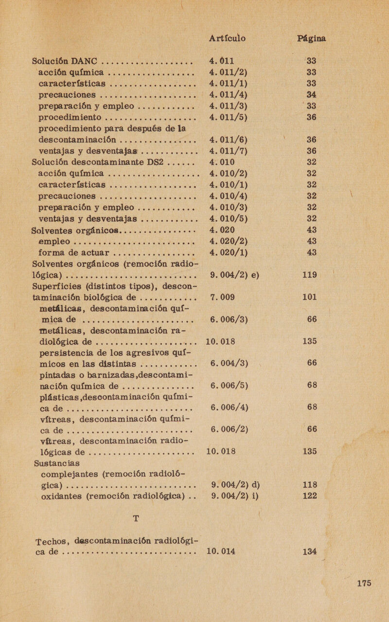 Solucióa:DANC ¿ooo .jo cos pe dd OL 33 'ACCIÓN QUÍMICA +... ao 4.011/2) 33 características .............. .... 4.011/1) 33 Precauciones .......abousprorcosa ' 4.011/4) 34 preparación y empleo ......... sur 4. 011/39) -33 procedimiento... ... oo .ccouadós 4.011/5) 36 procedimiento para después de la descontaminación ................ 4.011/6) | 36 ventajas y desventajas ............ 4.011/7) 36 Solución descontaminante DS2 ...... 4.010 32 acción química ........ E 4.010/2) 32 Cara Cie riSticaS eo 4.010/1) 32 | precauciones ......... a 4. 010/4) 32 Ñ preparación y empleo ............ 4.010/3) 32 ventajas y desventajas ............ 4.010/5) 33 Solventes Orgánicos...............- 4.020 43 A A O . 4.020/2) 43 forma de actuar ... o... osicosoo cdo 4.020/1) 43 Solventes orgánicos (remoción radio- a A o 9.004/2) e) 119 : Superficies (distintos tipos), descone taminación biológica de ............ 7.009 101 metálicas, descontamina ción quí- &gt; A O 6.006/3) 66 metálicas, descontaminación ra- AJOS de +... decia io 10.018 135 persistencia de los agresivos dut micos en las distintas ............ 6.004/3) 66 pintadas o barnizadas,descontami- nación química de ............... -6.006/5) 68 plásticas descontaminación quími- CU as ote altas aa sa aos 6.006/4) 68 vítreas, descontaminación quími- E A: 6.006/2) -66 vítreas, descontaminación radio- LOLICAS Ue dead elo leia ao ale 10.018 135 Sustancias complejantes (remoción radioló- E 9. 004/2) d) 118 oxidantes (remoción radiológica) .. 9.004/2) i) 122 q Techos, descontaminación radiológi- a ad EA PAS eL OA 10. 014 134
