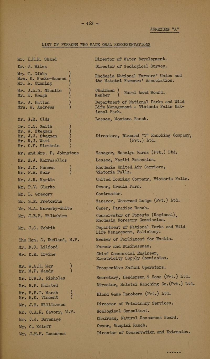 ~ 162 ~ ANNEXURE A  LIST OF PERSONS WHO MADE ORAL REPRESENTATIONS Mr. I.H.R. Shand Director of Water Development. : Dr. J. Wiles Director of Geological Survey. Mrs. K. Backe-Hansen Mr. L. Cumming Mr. J.L.D. Nicolle Mr. K. Keogh Mr. J. Hatton Mrs. W. Andrews Rhodesia National Farmers' Union and the Matetsi Farmers' Association. Chairman | Member Department of National Parks and Wild Life Management - Victoria Falls Nat- ional Park. Mr. GR. Olds Lessee, Montana Ranch. Dr. T.A. Smith | ) ) Rural Land Board. New OY SS Mr. W. Stegman Mr. J.J. Stegman Directors, Diamond T Ranching Company, Mr. RJ. Watt (Pvt.) Ltd. Mr. C.F. Kirstein : Mr. and Mrs. P. Johnstone Manager, Rosslyn Farms (Pvt.) Ltd. : Mr. E.J. Karrasellos Lessee, Kasibi Extension. ss Mr, -«J.0. Honman Rhodesia United Air Carriers, Mr. P.A. Weir Victoria Falls. Na Mr. A.R. Martin United Touring Company, Victoria Falls. Mr. P.V. Clarke : Owner, Ursula Farm. , Mr. L. Gregory Contractor. Mr. S.E. Pretorius ~ Manager, Westwood Lodge (Pvt.) Ltd. Mr. H.A. Moresby~White Owner, Paradise Ranch. : Mr. J.E.B. Wiltshire Conservator of Forests (Regional), : Rhodesia Forestry Commission. Mr. J.C. Tebbit Department of National Parks and Wild Life Management, Salisbury. The Hon. G. Rudland, M.P. Member of Parliament for Wankie. Mr. D.C. Lilford Farmer and Businessman. Mr. D.R. Irvine Chief Commercial Engineer, Electricity Supply Commission. sy ane a ' Prospective Safari Operators. Mr. D.W.B. Nicholas Secretary, Henderson &amp; Sons (Pvt.) Ltd. Mr. R.F. Halsted Director, Matetsi Ranching Co.(Pvt.) Ltd. ik pee Be ‘Eland Game Ranchers (Pvt.) Ltd. Mr. J.M. Williamson Director of Veterinary Services. Mr. C.A.R. Savory, M.P. Ecological Consultant. Mr. J.J. Duvenage | Chairman, Natural Resources Board. Mr. G, Kileff aoe Owner, Nampini Ranch. Mr. J.H.H. Louwrens Director of Conservation and Extension. oseee8 