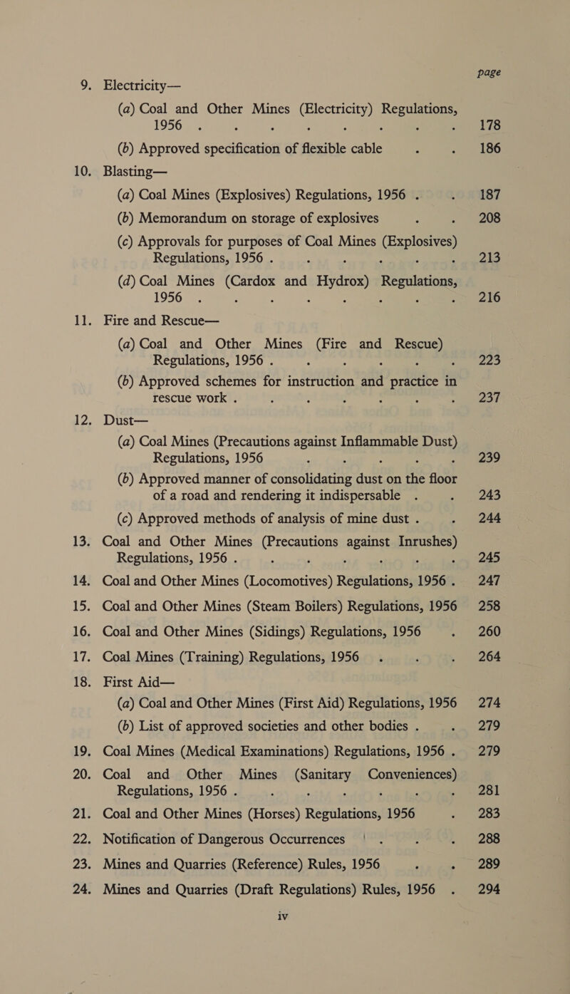 Electricity— (a) Coal and Other Mines cama Ne 1956 . (6) Approved — of flexible cable Blasting— (a) Coal Mines (Explosives) Regulations, 1956 . (6) Memorandum on storage of explosives (c) Approvals for purposes of Coal Mines (Explosives Regulations, 1956 . : (d) Coal Mines oe and “Hydrow Regulations 1956 ; Fire and Rescue— (a) Coal and Other Mines OTS and Rescue) Regulations, 1956 . (6) Approved schemes for instruction ait practice in rescue work . Dust— (a) Coal Mines (Precautions against Inflammable a Regulations, 1956 (b) Approved manner of consolidating ‘a on the floor of a road and rendering it indispersable (c) Approved methods of analysis of mine dust . Coal and Other Mines eaacee bis ee Regulations, 1956 . Coal and Other Mines Locsin pases 1956 . Coal and Other Mines (Steam Boilers) Regulations, 1956 Coal and Other Mines (Sidings) Regulations, 1956 Coal Mines (Training) Regulations, 1956 First Aid— (a) Coal and Other Mines (First Aid) Regulations, 1956 (b) List of approved societies and other bodies . Coal Mines (Medical Examinations) Regulations, 1956 . Coal and Other Mines sini Oneal Regulations, 1956 . Coal and Other Mines (Horses) Restate 1956 Notification of Dangerous Occurrences Mines and Quarries (Reference) Rules, 1956 Mines and Quarries (Draft Regulations) Rules, 1956 lv page 178 186 187 208 213 216 223 237 239 243 244 245 247 258 260 264 274 279 279 281 283 288 289 294