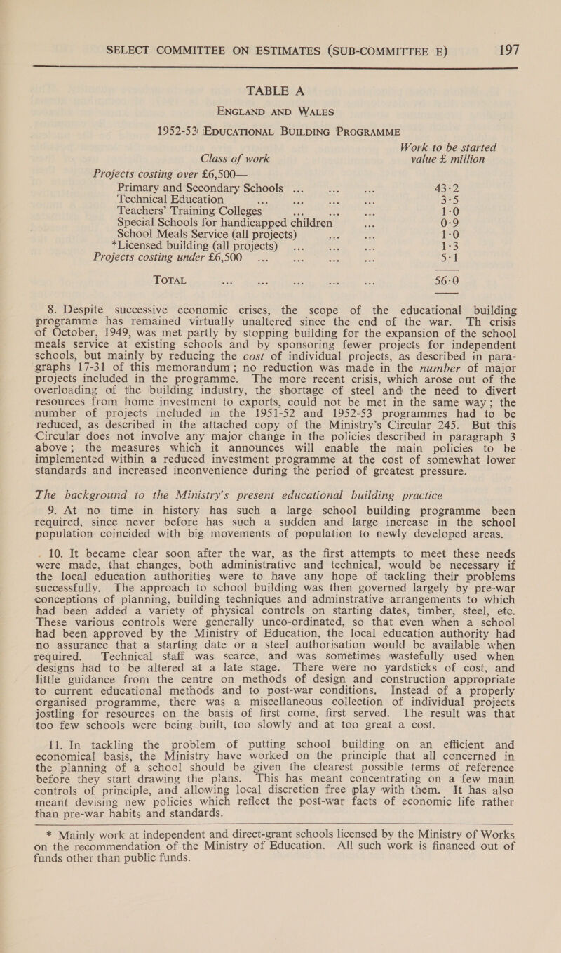  TABLE A ENGLAND AND WALES 1952-531 EDUCATIONAL BUILDING PROGRAMME Work to be started Class of work value £ million Projects costing over £6,500— Primary and Secondary Schools Technical Education ; oe Teachers’ Training Colleges nae a Special Schools for handicapped children School Meals Service (all projects) *Licensed building (all projects) Projects costing under £6,500... JSS ne © me UO WD KeHWOoonnNd A ony S TOTAL 8. Despite successive economic crises, the scope of the educational building programme has remained virtually unaltered since the end of the war. Th crisis of October, 1949, was met partly by stopping building for the expansion of the school meals service at existing schools and by sponsoring fewer projects for independent schools, but mainly by reducing the cost of individual projects, as described in para- graphs 17-31 of this memorandum ; no reduction was made in the number of major projects included in the programme. The more recent crisis, which arose out of the overloading of the building industry, the shortage of steel and the need to divert resources from home investment to exports, could not be met in the same way; the number of projects included in the 1951-52 and 1952-53 programmes had to be reduced, as described in the attached copy of the Ministry’s Circular 245. But this Circular does not involve any major change in the policies described in paragraph 3 above; the measures which it announces will enable the main policies to be implemented within a reduced investment programme at the cost of somewhat lower standards and increased inconvenience during thé period of greatest pressure. The background to the Ministry's present educational building practice 9. At no time in history has such a large school building programme been required, since never before has such a sudden and large increase in the school population coincided with big movements of population to newly developed areas. . 10. It became clear soon after the war, as the first attempts to meet these needs were made, that changes, both administrative and technical, would be necessary if the local education authorities were to have any hope of tackling their problems successfully. The approach to school building was then governed largely by pre-war conceptions of planning, building techniques and adminstrative arrangements to which had been added a variety of physical controls on starting dates, timber, steel, etc. These various controls were generally unco-ordinated, so that even when a school had been approved by the Ministry of Education, the local education authority had no assurance that a starting date or a steel authorisation would be available when required. Technical staff was scarce, and was sometimes wastefully used when designs had to be altered at a late stage. There were no yardsticks of cost, and little guidance from the centre on methods of design and construction appropriate to current educational methods and to post-war conditions. Instead of a properly organised programme, there was a miscellaneous collection of individual projects jostling for resources on the basis of first come, first served. The result was that too few schools were being built, too slowly and at too great a cost. 11. In tackling the problem of putting school building on an efficient and economical basis, the Ministry have worked on the principle that all concerned in the planning of a school should be given the clearest possible terms of reference before they start drawing the plans. This has meant concentrating on a few main controls of principle, and allowing local discretion free play with them. It has also meant devising new policies which reflect the post-war facts of economic life rather than pre-war habits and standards.   * Mainly work at independent and direct-grant schools licensed by the Ministry of Works on the recommendation of the Ministry of Education. All such work is financed out of funds other than public funds.