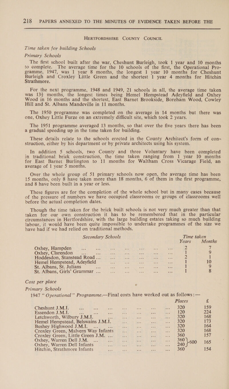  HERTFORDSHIRE COUNTY COUNCIL Time taken for building Schools Primary Schools The first school built after the war, Cheshunt Burleigh, took 1 year and 10 months to complete. The average time for the 10 schools of the first, the Operational Pro- gramme, 1947, was 1 year 8 months, the longest 1 year 10 ‘months for Cheshunt ae and Croxley Little Green and the shortest 1 year 4 months for Hitchin trathmore. For the next programme, 1948 and 1949, 21 schools in all, the average time taken was 133 months, the longest times being Hemel Hempstead Adeyfield and Oxhey Wood in 16 months and the shortest, East Barnet Brookside, Boreham Wood, Cowley Hill and St. Albans Mandeville in 11 months. The 1950 programme was completed on the average in 14 months but there was one, Oxhey Little Furze on an extremely difficult site, which took 2 years. The 1951 programme averaged 13 months, so that over the five years there has been a gradual speeding up in the time taken for building. These details relate to the schools erected in the County Architect’s form of con-~ struction, either by his department or by private architects using his system. In addition 5 schools, two County and three Voluntary have been completed in traditional brick construction, the time taken ranging from 1 year 10 months for East Barnet Burlington to 11 months for Waltham Cross Vicarage Field, an average of 1 year 5S months. Over the whole group of 51 primary schools now open, the average time has been 15 months, only 8 have taken more than 18 months, 6 of them in the first programme,. and 8 have been built in a year or less. These figures are for the completion of the whole school but in many cases because of the pressure of numbers we have occupied classrooms or groups of classrooms well before the actual completion dates. Though the time taken for the brick built schools is not very much greater than that taken for our own construction it has to be remembered that in the particular circumstances in Hertfordshire, with the large building estates taking so much building labour, it would have been quite impossible to undertake programmes of the size we have had if we had relied on traditional methods. Secondary Schools Time taken Years Months Oxhey, Hampden 2 7 Oxhey, Clarendon ae 1 9 Hoddesdon, Stanstead Road .. 2 1 Hemel Hempstead, Adeyfield 1 10 St. Albans, St. Julians ee 1 9 St. Albans, Girls’ Grammar ... 1 8 Cost per place ; Primary Schools 1947 “ Operational” Programme.—Final costs have worked out as follows : — Places £ Cheshunt J.M.I. &lt; nue an, sed me a i 320 159 Essendon J.M.I. : me ar oe ee Seed ie 4 224 Letchworth, Wilbury TMI. oe ah as Heo Oe. 168 Hemel Hempstead, Belswains J.M.I. oe se: Be sae POLO 173 Bushey Highwood J.M.I._... &lt;a eB se ee 164 Croxley Green, Malvern Way Infants Bo ai ia ees 4) 168 Croxley Green, Little Green J.M. ~ e rer Son bi BOO 17 Oxhey, Warren Dell J.M. ae = So nize Rae 3. 208 600 165 Oxhey, Warren Dell Infants bah ab Rg , as Bas Hitchin, Strathmore Infants hale eS aus ae sab BOO 154