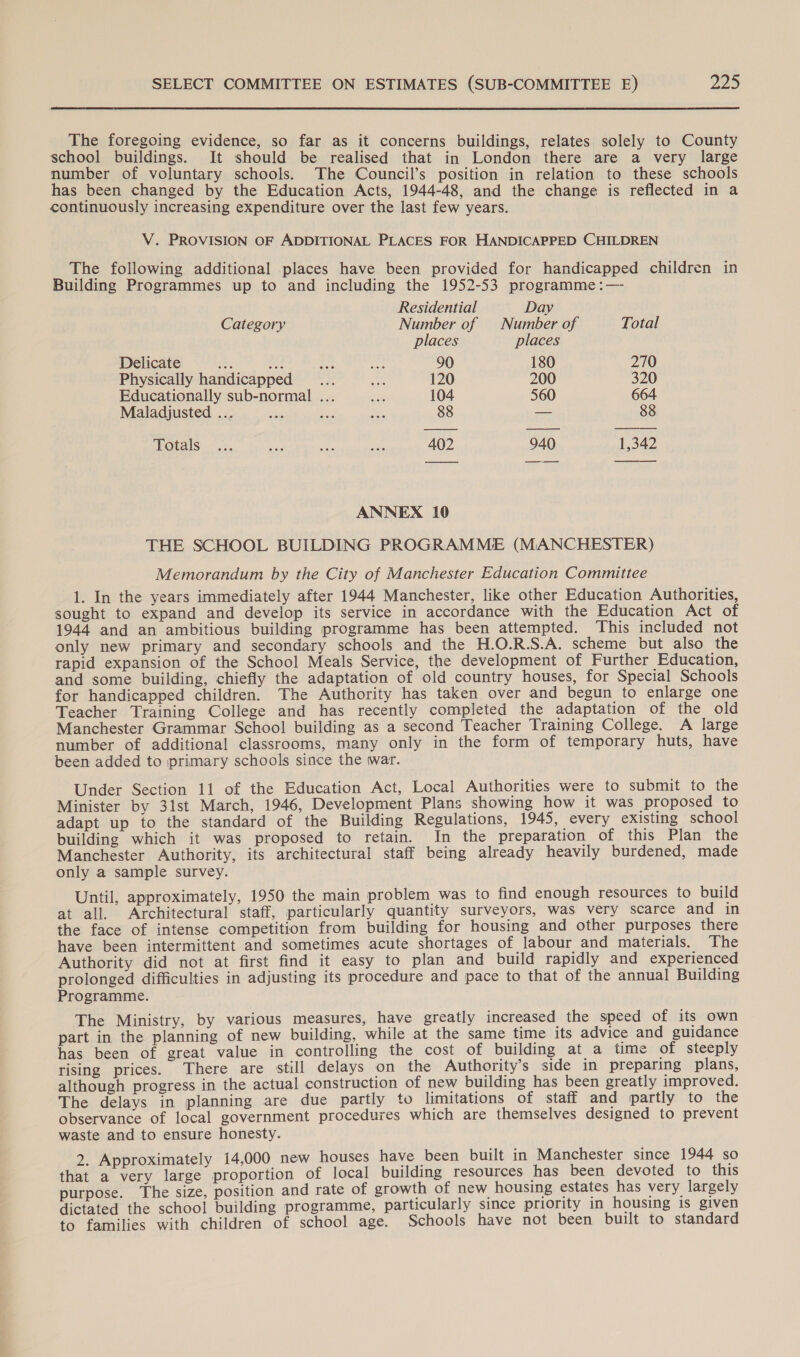 The foregoing evidence, so far as it concerns buildings, relates solely to County school buildings. It should be realised that in London there are a very large number of voluntary schools. The Council’s position in relation to these schools has been changed by the Education Acts, 1944-48, and the change is reflected in a continuously increasing expenditure over the last few years. V. PROVISION OF ADDITIONAL PLACES FOR HANDICAPPED CHILDREN The following additional places have been provided for handicapped children in Building Programmes up to and including the 1952-53 programme :—- Residential Day Category Number of | Number of Total places places Delicate aoe he if a 90 180 270 Physically handicapped __... ra 120 200 320 Educationally sub-normal ... oe 104 560 664 Maladjusted ... ate ie he 88 — 88 Totals... fe = a 402 940 1,342 ANNEX 10 THE SCHOOL BUILDING PROGRAMME (MANCHESTER) Memorandum by the City of Manchester Education Committee 1. In the years immediately after 1944 Manchester, like other Education Authorities, sought to expand and develop its service in accordance with the Education Act of 1944 and an ambitious building programme has been attempted. This included not only new primary and secondary schools and the H.O.R.S.A. scheme but also the rapid expansion of the School Meals Service, the development of Further Education, and some building, chiefly the adaptation of old country houses, for Special Schools for handicapped children. The Authority has taken over and begun to enlarge one Teacher Training College and has recently completed the adaptation of the old Manchester Grammar School building as a second Teacher Training College. A large number of additional classrooms, many only in the form of temporary huts, have been added to primary schools since the war. Under Section 11 of the Education Act, Local Authorities were to submit to the Minister by 31st March, 1946, Development Plans showing how it was proposed to adapt up to the standard of the Building Regulations, 1945, every existing school building which it was proposed to retain. In the preparation of this Plan the Manchester Authority, its architectural staff being already heavily burdened, made only a sample survey. Until, approximately, 1950 the main problem was to find enough resources to build at all. Architectural staff, particularly quantity surveyors, was very scarce and in the face of intense competition from building for housing and other purposes there have been intermittent and sometimes acute shortages of labour and materials. The Authority did not at first find it easy to plan and build rapidly and experienced prolonged difficulties in adjusting its procedure and pace to that of the annual Building Programme. The Ministry, by various measures, have greatly increased the speed of its own part in the planning of new building, while at the same time its advice and guidance has been of great value in controlling the cost of building at a time of steeply rising prices. There are still delays on the Authority’s side in preparing plans, although progress in the actual construction of new building has been greatly improved. The delays in planning are due partly to limitations of staff and partly to the observance of local government procedures which are themselves designed to prevent waste and to ensure honesty. 2. Approximately 14,000 new houses have been built in Manchester since 1944 so that a very large proportion of local building resources has been devoted to this purpose. The size, position and rate of growth of new housing estates has very largely dictated the school building programme, particularly since priority in housing is given to families with children of school age. Schools have not been built to standard