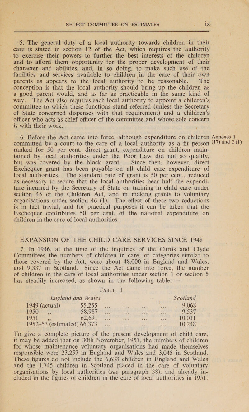  5. The general duty of a local authority towards children in their care is stated in section 12 of the Act, which requires the authority and to afford them opportunity for the proper development of their character and abilities, and, in so doing, to make such use of the facilities and services available to children in the care of their own parents as appears to the local authority to be reasonable. The conception is that the local authority should bring up the children as a good parent would, and as far as practicable in the same kind of way. The Act also requires each local authority to appoint a children’s committee to which these functions stand referred (unless the Secretary _ of State concerned dispenses with that requirement) and a children’s officer who acts as chief officer of the committee and whose sole concern is with their work. é 6. Before the Act came into force, although expenditure on children Annexes 1 committed by a court to the care of a local authority as a tit person (17) and 2() ranked for 50 per cent. direct grant, expenditure on children main- tained by local authorities under the Poor Law did not so qualify, but was covered by the block grant. Since then, however, direct Exchequer grant has been payable on all child care expenditure of local authorities. The standard rate of grant is 50 per cent., reduced as necessary to secure that the local authorities bear half the expendi- ture incurred by the Secretary of State on training in child care under section 45 of the Children Act, and in making grants to voluntary organisations under section 46 (1). The effect of these two reductions is in fact trivial, and for practical purposes it can be taken that the Exchequer contributes 50 per cent. of the national expenditure on children in the care of local authorities. EXPANSION OF THE CHILD CARE SERVICES SINCE 1948 7. In 1946, at the time of the inquiries of the Curtis and Clyde ~Committees the numbers of children in care, of categories similar to those covered by the Act, were about 48,000 in England and Wales, and 9,337 in Scotland. Since the Act came into force, the number of children in the care of local authorities under section 1 or section 5 has steadily increased, as shown in the following table :— TABLE 1 England and Wales Scotland 1949 (actual) DOW SO) oe ic oe E 9,068 19SG Os, SOLIS 7 He Fx ie iit a i cs eae GZooT =... 2: as ae 10,011 1952-53 (estimated) 66,373... ee hs oa 10,248 To give a complete picture of the present development of child care, it may be added that on 30th November, 1951, the numbers of children for whose maintenance voluntary organisations had made themselves responsible were 23,257 in England and Wales and 3,045 in Scotland. These figures do not include the 6,638 children in England and Wales and the 1,745 children in Scotland placed in the care of voluntary organisations by local authorities (see paragraph 38), and already in- cluded in the figures of children in the care of local authorities in 1951.