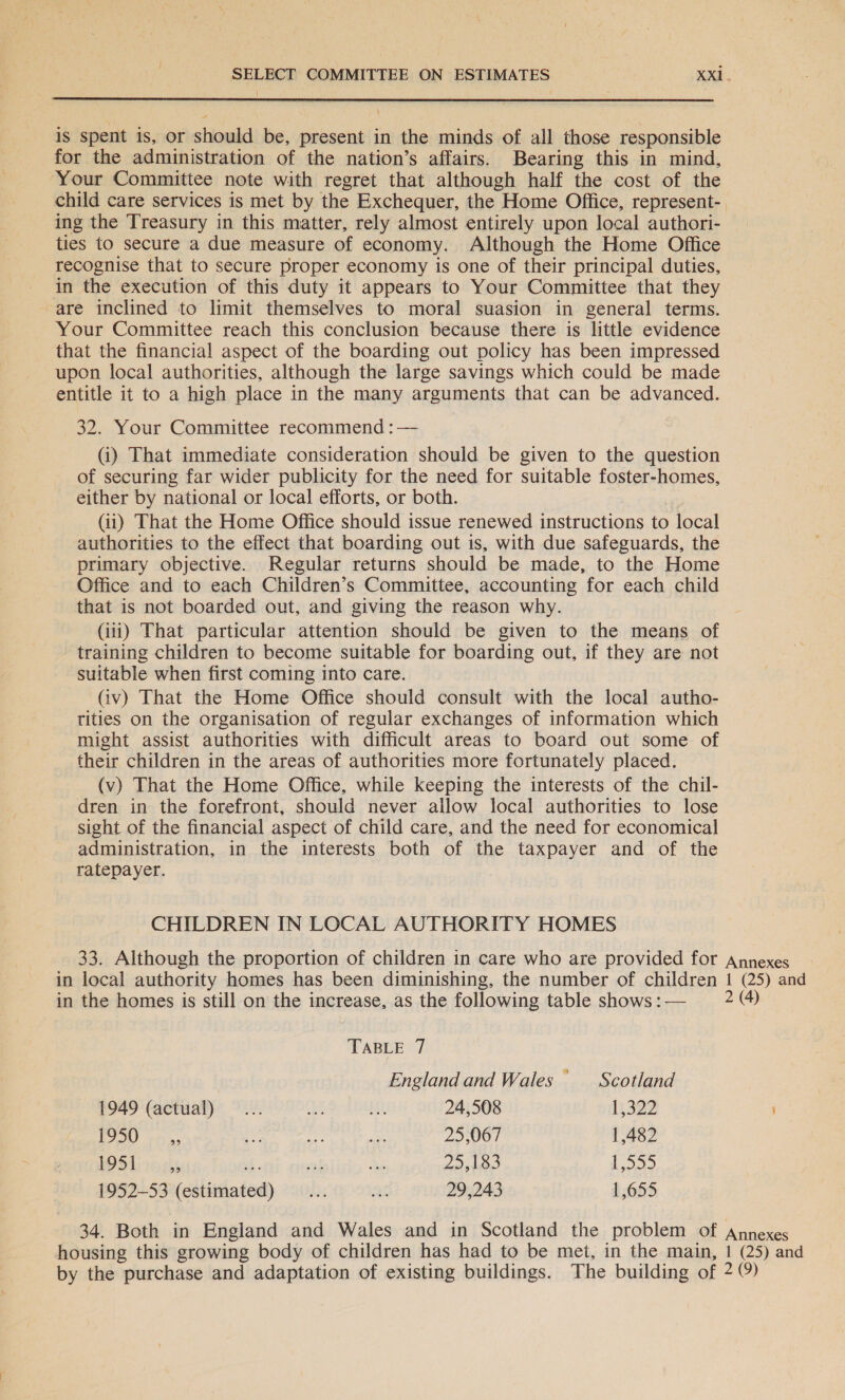 | iS spent is, or shioukd be, present in the minds of all those responsible for the administration of the nation’s affairs. Bearing this in mind, Your Committee note with regret that although half the cost of the child care services is met by the Exchequer, the Home Office, represent- ing the Treasury in this matter, rely almost entirely upon local authori- ties to secure a due measure of economy. Although the Home Office recognise that to secure proper economy is one of their principal duties, in the execution of this duty it appears to Your Committee that they -are inclined to limit themselves to moral suasion in general terms. Your Committee reach this conclusion because there is little evidence that the financial aspect of the boarding out policy has been impressed upon local authorities, although the large savings which could be made entitle it to a high place in the many arguments that can be advanced. 32. Your Committee recommend : — (i) That immediate consideration should be given to the question of securing far wider publicity for the need for suitable foster-homes, either by national or local efforts, or both. (ii) That the Home Office should issue renewed instructions to local authorities to the effect that boarding out is, with due safeguards, the primary objective. Regular returns should be made, to the Home Office and to each Children’s Committee, accounting for each child that is not boarded out, and giving the reason why. (iii) That particular attention should be given to the means of training children to become suitable for boarding out, if they are not suitable when first coming into care. (iv) That the Home Office should consult with the local autho- tities on the organisation of regular exchanges of information which might assist authorities with difficult areas to board out some of their children in the areas of authorities more fortunately placed. (v) That the Home Office, while keeping the interests of the chil- dren in the forefront, should never allow local authorities to lose sight of the financial aspect of child care, and the need for economical administration, in the interests both of the taxpayer and of the ratepayer. | CHILDREN IN LOCAL AUTHORITY HOMES 33. Although the proportion of children in care who are provided for Annexes in local authority homes has been diminishing, the number of children 1 (25) and in the homes is still on the increase, as the following table shows:— 2M TABLE 7 England and Wales Scotland 1949 (actual)... {2 aa 24,508 13322 FOO tha os is ne 25,067 1,482 HWShirocds vt fe 25,183 t D) 1952-53 (calisdated) 104 as 29,243 1,655 34. Both in England and Wales and in Scotland the problem of Annexes housing this growing body of children has had to be met, in the main, 1 (25) and by the purchase and adaptation of existing buildings. The building of 29)