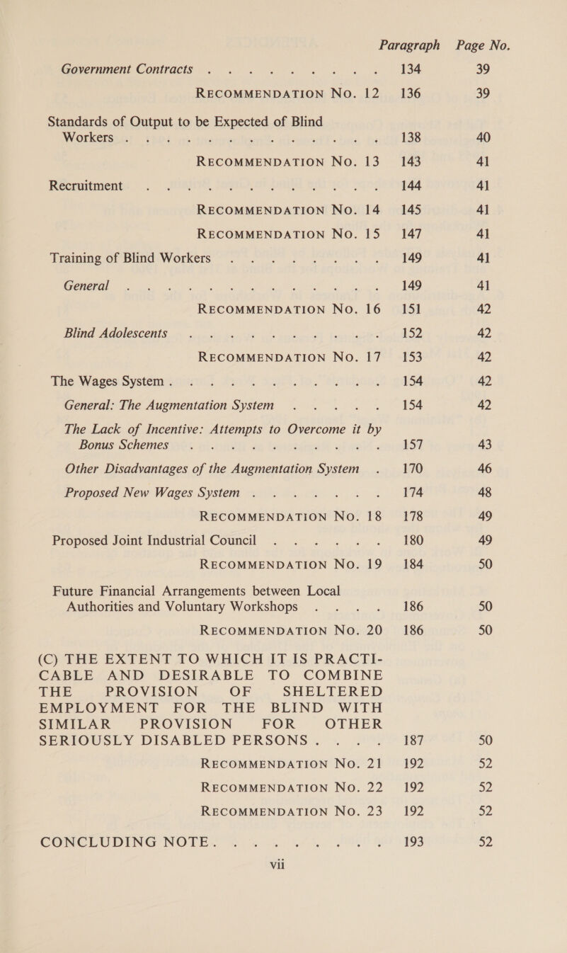 Paragraph Page No. Gavernment Contracts. . . 2. . « « «+ « 134 39 RECOMMENDATION No. 12 136 39 Standards of Output to be Demnestee of Blind Workefs,a; 120: re ere shan Equity 138 40 RECOMMENDATION No. 13 143 4] Recruitment: .. uae, Jagine, 1 pie (fl Foo Goons agg 4] RECOMMENDATION No. 14 _— 145 4] RECOMMENDATION No. 15 147 41 Trainimg Of Bind: Workers’ 7 * ee tae 4] So (OL SE ae ea ese ray Malte Decree ee ee eI 4] RECOMMENDATION No. 16 = 151 42 WE AGOIESCOIIS, on ks Bae ih gi aS Heal hat ae 42 RECOMMENDATION No. 17 _— 153 42 Tie: Weces.pystemr sie 5 2954 Sos, eyingeeds. 2d 42 General: The Augmentation System . . . . . 154 42 The Lack of Incentive: Attempts to Overcome it by BOnaS SCheMeS ADs aes ae ecichaeR yi ke cao 43 Other Disadvantages of the Augmentation System . 170 46 Proposed New Wages System . . . . . . . + #=+I74 48 RECOMMENDATION No. 18 178 49 Proposed Joint Industrial Council . . . . . . ~~ 4180 49 RECOMMENDATION No. 19 _ 184 50 Future Financial Arrangements between Local Authorities and Voluntary Workshops . . . . 186 50 RECOMMENDATION No. 20 _ 186 50 (C) THE EXTENT TO WHICH IT IS PRACTI- CABLE AND DESIRABLE TO COMBINE THE PROVISION OF SHELTERED EMPLOYMENT FOR THE BLIND WITH SIMILAR PROVISION FOR OTHER SERIOUSLY DISABLED PERSONS. . . . 187 50 RECOMMENDATION No. 21 192 52 RECOMMENDATION No. 22 192 52 RECOMMENDATION No. 23 192 52 CONGLUDING NOTE sr otis Wee ORO Ge 9G a2 Vil