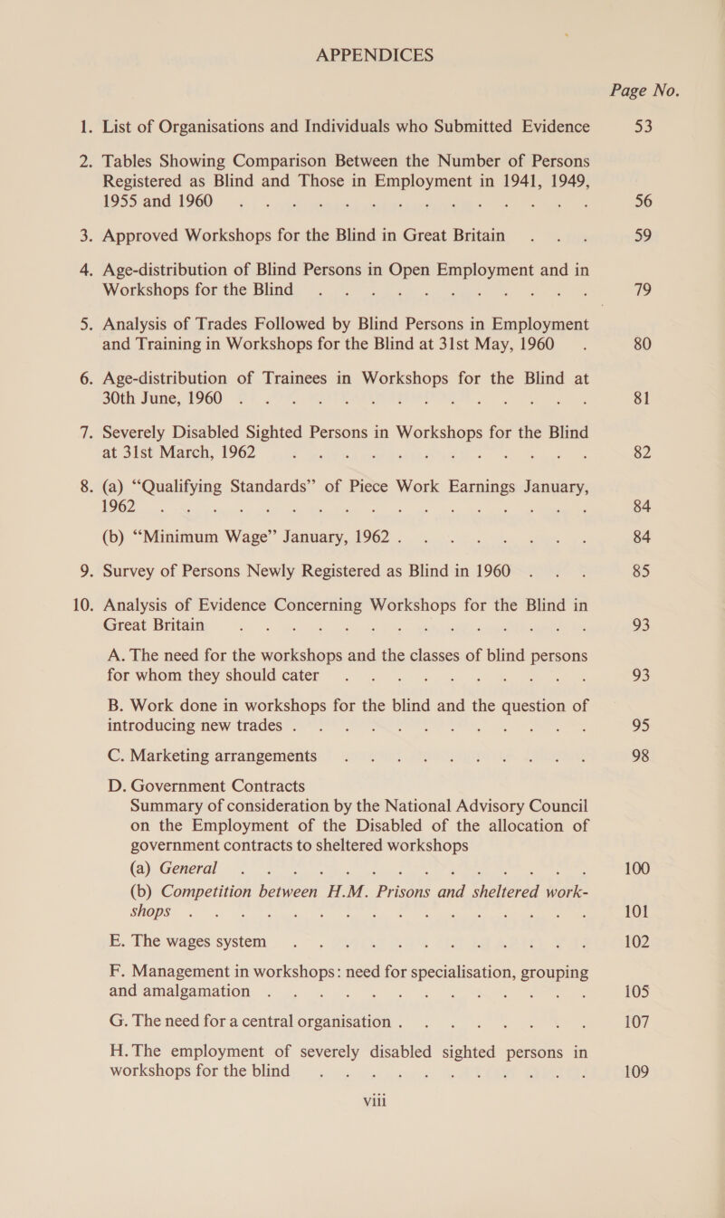 APPENDICES Registered as Blind and Those in ian aiioas in 1941, 1949, 1955 and 1960 Workshops for the Blind and Training in Workshops for the Blind at 31st May, 1960 30th June, 1960 at 31st March, 1962 1962 (b) “Minimum Wage”’ January, 1962 . Analysis of Evidence Concerning Workshops for the Blind in Great Britain eae era ee ee A. The need for the workshops and the classes of blind persons for whom they should cater ie Bey hs ae Sie B. Work done in workshops for the blind and the question of introducing new trades . ee ee ce be C. Marketing arrangements D. Government Contracts Summary of consideration by the National Advisory Council on the Employment of the Disabled of the allocation of government contracts to sheltered workshops (a) General (b) Competition between H. M. ‘Prise a Misidred note: shops ee E. The wages system F. Management in workshops: need for specialisation, grouping and amalgamation G. The need for a central organisation . H.The employment of severely disabled eo persons in workshops for the blind be ve Vill Page No. 53 56 59 79 80 81 82 84 84 85 93 93 95 98 100 101 102 105 107 109