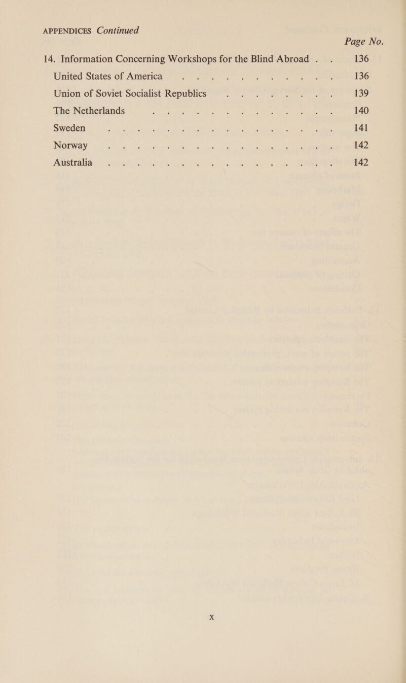 APPENDICES Continued : Page No. 14. Information Concerning Workshops for the Blind Abroad . . 136 United States of America GL eEON oko eg Right eee 136 Union of Soviet Socialist Republics iy adie oath ila pe in 139 The Netherlands eo Pi maLED fete) eas 5 eee ee 140 Sweden a ee tiem ime Re ie area eee 141 Norway ae ee eee ae eer ee ae see 142 Pastra anc nuttin he coe, Sh le od ae) ec RO 142