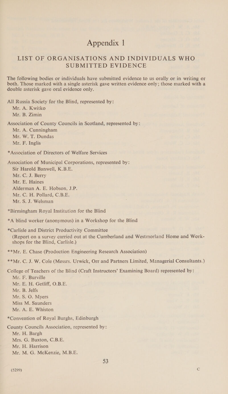 LIST OF ORGANISATIONS AND INDIVIDUALS WHO SUBMITTED EVIDENCE The following bodies or individuals have submitted evidence to us orally or in writing or both. Those marked with a single asterisk gave written evidence only; those marked with a double asterisk gave oral evidence only. All Russia Society for the Blind, represented by: Mr. A. Kwitko Mr. B. Zimin Association of County Councils in Scotland, represented by: Mr. A. Cunningham Mr. W. T. Dundas Mr. F. Inglis * Association of Directors of Welfare Services Association of Municipal Corporations, represented by: Sir Harold Banwell, K.B.E. Mr€.J. Berry Mr. E. Haines Alderman A. E. Hobson, J.P. Mr. C. H. Pollard, C.B.E. Mr. S. J. Welsman *Birmingham Royal Institution for the Blind *A blind worker (anonymous) in a Workshop for the Blind *Carlisle and District Productivity Committee (Report on a survey carried out at the Cumberland and Westmorland Home and Work- shops for the Blind, Carlisle.) ** Mr. E. Chase (Production Engineering Research Association) **Mir, C. J. W. Cole (Messrs. Urwick, Orr and Partners Limited, Managerial Consultants.) College of Teachers of the Blind (Craft Instructors’ Examining Board) represented by: Mr. F. Burville Mr. E. H. Getliff, O.B.E. Mr. B. Jelfs Mr. S. O. Myers Miss M. Saunders Mr. A. E. Whiston *Convention of Royal Burghs, Edinburgh County Councils Association, represented by: Mr. H. Bargh Mrs. G. Buxton, C.B.E. Mr. H. Harrison Mr. M. G. McKenzie, M.B.E. ao