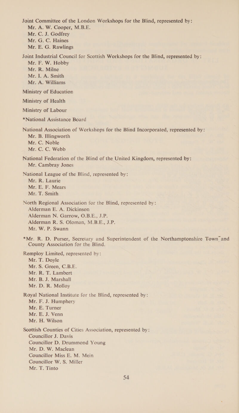 Joint Committee of the London Workshops for the Blind, represented by: Mr. A. W. Cooper, M.B.E. Mr. C. J. Godfrey Mr. G. C. Haines Mr. E. G. Rawlings Joint Industrial Council for Scottish Workshops for the Blind, represented by: Mr. F. W. Hobby Mr. R. Milne Mr. I. A. Smith Mr. A. Williams Ministry of Education Ministry of Health Ministry of Labour *National Assistance Board National Association of Workshops for the Blind Incorporated, represented by: Mr. B. Illingworth Mr. C. Noble Mr. C. C. Webb National Federation of the Blind of the United Kingdom, represented by: Mr. Cambray Jones National League of the Blind, represented by: Mr. R. Laurie Mr. E. F. Mears Mr. T. Smith North Regional Association for the Blind, represented by: Alderman E. A. Dickinson Alderman N. Garrow, O.B.E., J.P. Alderman R. 8. Oloman, M.B.E., J.P. Mr. W. P. Swann *Mr. R. D. Purser, Secretary and Superintendent of the Northamptonshire Town’ and County Association for the Blind. Remploy Limited, represented by: Mr. T. Doyle Mr. S. Green, C.B.E. Mr. R. T. Lambert Mr. B. J. Marshall Mr. D. R. Molloy Royal National Institute for the Blind, represented by: Mr. F. J. Humphery Mr. E. Turner Mr. E. J. Venn Mr. H. Wilson Scottish Counties of Cities Association, represented by: Councillor J. Davis Councillor D. Drummond Young Mr. D. W. Maclean Councillor Miss E. M. Mein Councillor W. S. Miller Mr. T. Tinto