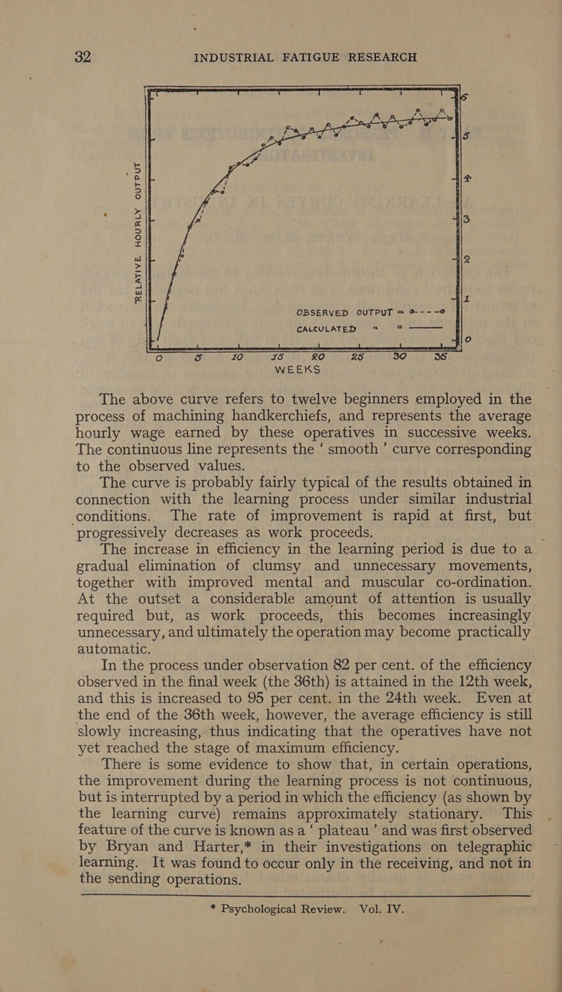 RELATIVE HOURLY OUTPUT OBSERVED OUTPUT = ®---? § CALCULATED ry =  ot beni ET meee WEEKS The above curve refers to twelve beginners employed in the process of machining handkerchiefs, and represents the average hourly wage earned by these operatives in successive weeks. The continuous line represents the ‘ smooth ’ curve corresponding to the observed values. The curve is probably fairly typical of the results obtained in connection with the learning process under similar industrial conditions. The rate of improvement is rapid at first, but progressively decreases as work proceeds. The increase in efficiency in the learning period is due to a. gradual elimination of clumsy and unnecessary movements, together with improved mental and muscular co-ordination. At the outset a considerable amount of attention is usually required but, as work proceeds, this becomes increasingly unnecessary, and ultimately the operation may become practically automatic. In the process under observation 82 per cent. of the efficiency observed in the final week (the 36th) is attained in the 12th week, and this is increased to 95 per cent. in the 24th week. Even at the end of the 36th week, however, the average efficiency is still slowly increasing, thus indicating that the operatives have not yet reached the stage of maximum efficiency. There is some evidence to show that, in certain operations, the improvement during the learning process is not continuous, but is interrupted by a period in which the efficiency (as shown by the learning curve) remains approximately stationary. This feature of the curve is known as a‘ plateau’ and was first observed by Bryan and Harter,* in their investigations on telegraphic learning. It was found to occur only in the receiving, and not in the sending operations.  * Psychological Review. Vol. IV.