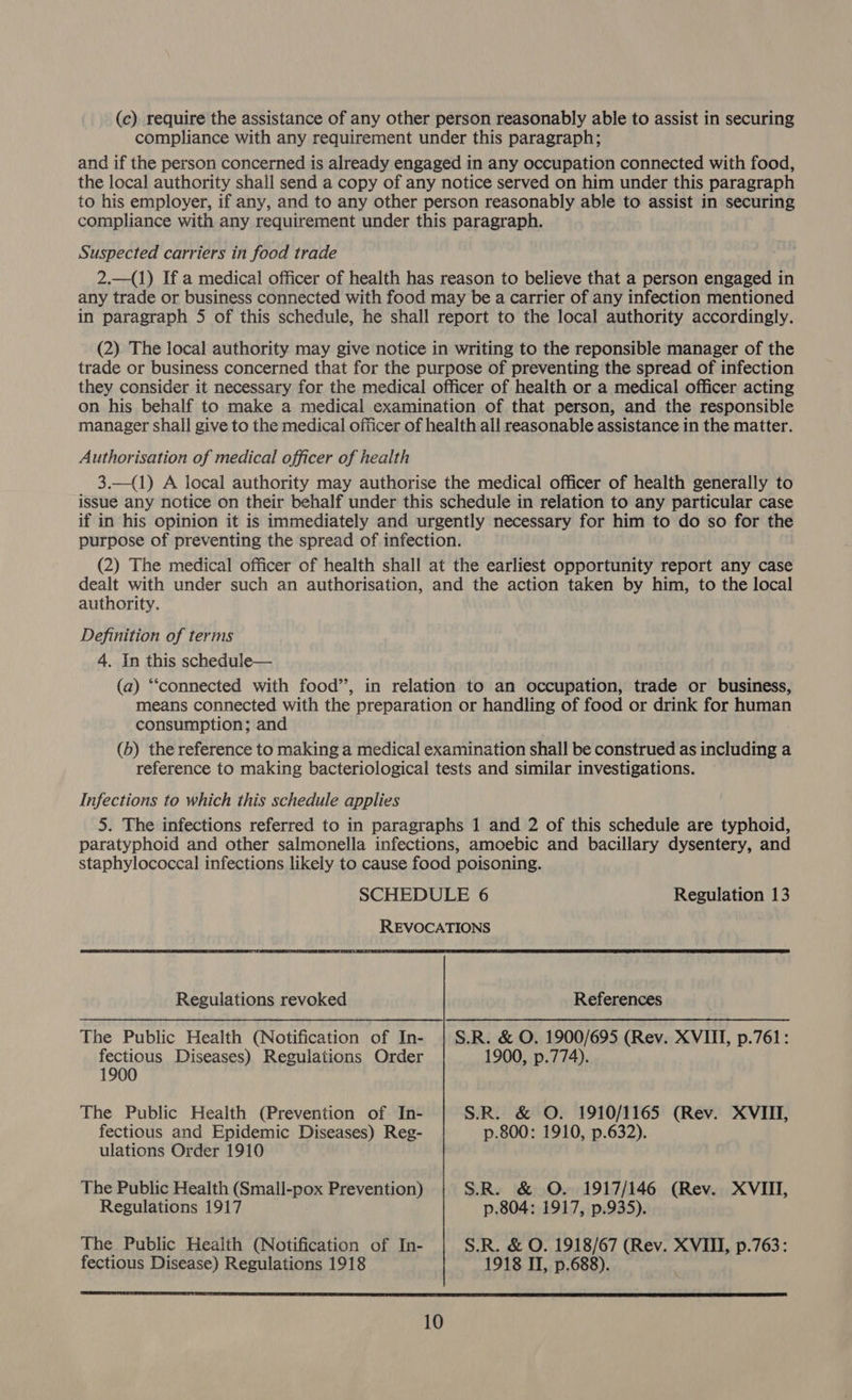 compliance with any requirement under this paragraph; and if the person concerned is already engaged in any occupation connected with food, the local authority shall send a copy of any notice served on him under this paragraph to his employer, if any, and to any other person reasonably able to assist in securing compliance with any requirement under this paragraph. Suspected carriers in food trade — 2.—(1) If a medical officer of health has reason to believe that a person engaged in any trade or business connected with food may be a carrier of any infection mentioned in paragraph 5 of this schedule, he shall report to the local authority accordingly. (2) The local authority may give notice in writing to the reponsible manager of the trade or business concerned that for the purpose of preventing the spread of infection they consider it necessary for the medical officer of health or a medical officer acting on his behalf to make a medical examination of that person, and the responsible manager shall give to the medical officer of health all reasonable assistance in the matter. Authorisation of medical officer of health 3.—({1) A local authority may authorise the medical officer of health generally to issue any notice on their behalf under this schedule in relation to any particular case if in his opinion it is immediately and urgently necessary for him to do so for the purpose of preventing the spread of infection. (2) The medical officer of health shall at the earliest opportunity report any case dealt with under such an authorisation, and the action taken by him, to the local authority. Definition of terms 4. In this schedule— (a) “connected with food’, in relation to an occupation, trade or business, means connected with the preparation or handling of food or drink for human consumption; and (b) the reference to making a medical examination shall be construed as including a reference to making bacteriological tests and similar investigations. Infections to which this schedule applies 5. The infections referred to in paragraphs 1 and 2 of this schedule are typhoid, paratyphoid and other salmonella infections, amoebic and bacillary dysentery, and staphylococcal infections likely to cause food poisoning. SCHEDULE 6 Regulation 13 REVOCATIONS Regulations revoked References The Public Health (Notification of In- | S.R. & O. 1900/695 (Rev. XVIII, p.761: fectious Diseases) Regulations Order 1900, p.774). 1900 The Public Health (Prevention of In- SR. & O. 1910/1165 (Rev. XVIII, fectious and Epidemic Diseases) Reg- p.800: 1910, p.632). ulations Order 1910 The Public Health (Small-pox Prevention) S.R. & O. 1917/146 (Rev. XVIII, Regulations 1917 p.804: 1917, p.935). The Public Health (Notification of In- S.R. & O. 1918/67 (Rev. XVIII, p.763: fectious Disease) Regulations 1918 1918 II, p.688).
