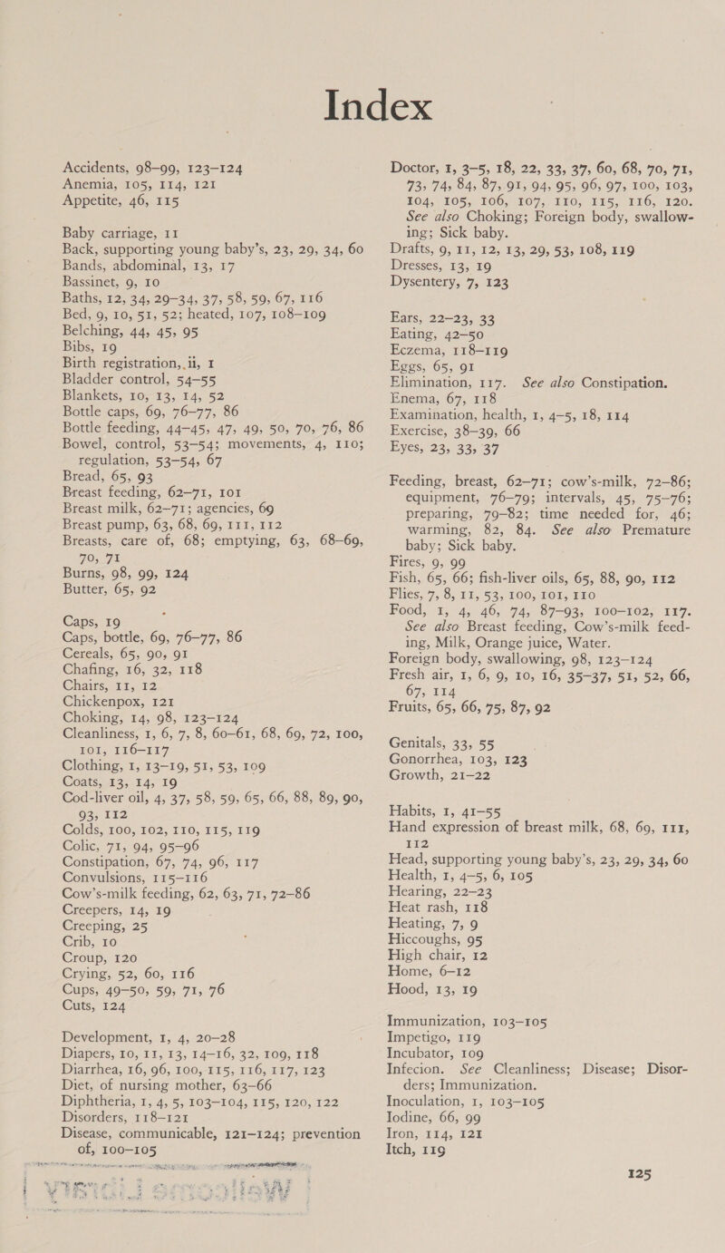 Accidents, 98-99, 123-124 Anemia, 105, 114, 121 Appetite, 46, 115 Baby carriage, 11 Back, supporting young baby’s, 23, 29, 34, 60 Bands, abdominal, 13, 17 Bassinet, 6,10 Baths; 12, 34,20-34, 37, 59;.59;-07, 116 Bed, 9, 10, 51, 52; heated, 107, 108-109 Belching, 44, 45, 95 Bibs, 19 Birth registration, 11, 1 Bladder control, 54-55 Blankets, 10, 13, 14, 52 Bottle caps, 69, 76-77, 86 Bottle feeding, 44-45, 47, 49, 50, 70, 76, 86 Bowel, control, 53-54; movements, 4, 110}; regulation, 53-54, 67 Bread, 65, 93 Breast feeding, 62—71, 101 Breast milk, 62—71; agencies, 69 Breast pump, 63, 68, 69, 111, 112 Breasts, care of, 68; emptying, 63, 68-69, 79, 71 Burns, 98, 99, 124 Butter, 65, 92 Caps, 19 ; Caps, bottle, 69, 76-77, 86 Cereals, 65, 90, 9I Chafing, 16, 32, 118 Chains)1a 5-12 Chickenpox, 121 Choking, 14, 98, 123-124 Cleanliness, 1, 6, 7, 8, 60-61, 68, 69, 72, 100, IOI, 116-117 Clothing, 1, 13-19, 51, 53, 109 Coats, 13, 14, 19 Cod-liver oil, 4, 37, 58, 59, 65, 66, 88, 89, go, 93, 112 Colds, 100, 102, 110, 115,119 Colic, 71, 94, 95-96 Constipation, 67, 74, 96, 117 Convulsions, 115-116 Cow’s-milk feeding, 62, 63, 71, 72-86 Creepers, 14, 19 Creeping, 25 Crib; 10 Croup, 120 Crying, 52, 60, 116 Cups, 49-50, 59, 71, 76 Cuts, 124 Development, 1, 4, 20-28 Diapers, 10, 11, 13, 14-16, 32, 109, 118 Diarrhea, 16, 96, 100, 115, 116, 117, 123 Diet, of nursing mother, 63-66 Diphtheria, 1, 4, 5, 103-104, 115, 120, 122 Disorders, 118-121 Disease, communicable, 121-124; prevention of, 100-105 thy LALO LE DGIE HAD 2 « iy 5 ¥ Fe UeES ctu ee — * t. $F Pea ea Se ~~ oo ne Doctor, 1, 3-5, 18, 22, 33, 37, 60, 68, 70, 71, 73&gt; 74, 84, 87, 91, 94, 95, 96, 97, 100, 103, LO4, 1055. 106, 1075, 110; B15, 1HO;120. See also Choking; Foreign body, swallow- ing; Sick baby. Dratts, 9.81, 12, 13, 20, 53,106, 119 Dresses, 13, 19 Dysentery,7, 123 Ears, 22-23, 33 Eating, 42-50 Eczema, 118-119 Eggs, 65, 91 Elimination, 117. See also Constipation. Enema, 67, 118 Examination, health, 1, 4-5, 18, 114 Exercise, 38-39, 66 Eyes, 23, 33, 37 Feeding, breast, 62-71; cow’s-milk, 72-86; equipment, 76—79; intervals, 45, 75-76; preparing, 79-82; time needed for, 46; warming, 82, 84. See also Premature baby; Sick baby. Fires, 9, 99 Fish, 65, 66; fish-liver oils, 65, 88, 90, 112 Fhies, 7,8, 11, 53, 100, 10%, 150 Food, I, 4, 46, 74, 87-93, 100-102, 117. See also Breast feeding, Cow’s-milk feed- ing, Milk, Orange juice, Water. Foreign body, swallowing, 98, 123-124 Fresh air, 1, 6, 9, 10, 16, 35-37, 51, 52, 66, 67, 114 Fruits, 65, 66, 75, 87, 92 Genitals, 33, 55 Gonorrhea, 103, 123 Growth, 21-22 Habits, 1, 41-55 Hand expression of breast milk, 68, 69, 111, T12 Head, supporting young baby’s, 23, 29, 34, 60 Health, 1, 4-5, 6, 105 Hearing, 22-23 Heat rash, 118 Heating, 7, 9 Hiccoughs, 95 High chair, 12 Home, 6-12 Hood, 13, 19 Immunization, 103-105 Impetigo, 119 Incubator, 109 Infecion. See Cleanliness; Disease; Disor- ders; Immunization. Inoculation, 1, 103-105 Iodine, 66, 99 fron, p14, 125 Itch, 119 125
