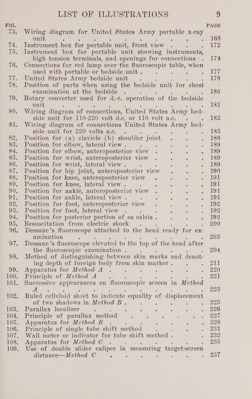 Wiring diagram for United States ey penjable x- ve unit ° Instrument box for portable unit, front view Instrument box for portable unit showing instruments, high tension terminals, and openings for connections ' . Connections for red lamp over the fluoroscopic table, when used with portable or bedside unit . : United States Army bedside unit Position of parts when using the bedside unit for chest examination at the bedside Rotary converter used for d.-c. operation. of the bedside unit Wiring diagram of connections, United States Army bed- side unit for 110-220 volt d-¢. or 110 volt a.e. . Wiring diagram of connections United States aus bed- side unit for 220 volts a.e. . Position for (a) clavicle (b) shoulder joint Position for elbow, lateral view . . 2 Position for elbow, anteroposterior view Position for wrist, anteroposterior view Position for wrist, lateral view . Position for hip joint, anteroposterior view Position for knee, anteroposterior view . : 5 ; Position for knee, lateral view . : ; ‘ , ; Position for ankle, anteroposterior view Position for ankle, lateral view . : Position for foot, anteroposterior view Position for foot, lateral view Position for posterior portion of os caleis . Resuscitation from electric shock Dessane’s fluoroscope attached to the head ready for ex- amination : Dessane’s fluoroscope elevated to the top of the head after the fluoroscopic examination . ‘ Method of distinguishing between skin marks and denot- ing depth of foreign body from skin marker , : Apparatus for Method A : Principle of Method A Successive appearances on fluoroscopic screen in Method az Ruled celluloid sheet to indicate equality of displacement of two shadows in Method B . : ; ; : Parallax localizer : Principle of parallax method Apparatus for Method B Principle of single tube shift method : Wall meter or indicator for tube shift method . Apparatus for Method C 2 Use of double slider caliper in measuring target- screen distance—Method C ° ; : ; 168 172 174 177 178 180 181 182 183 188 189 189 189 189 190 191 191 191 191 192 192 192 200 203 204 211 220 221 223 225 226 227 228 231 232 235 237