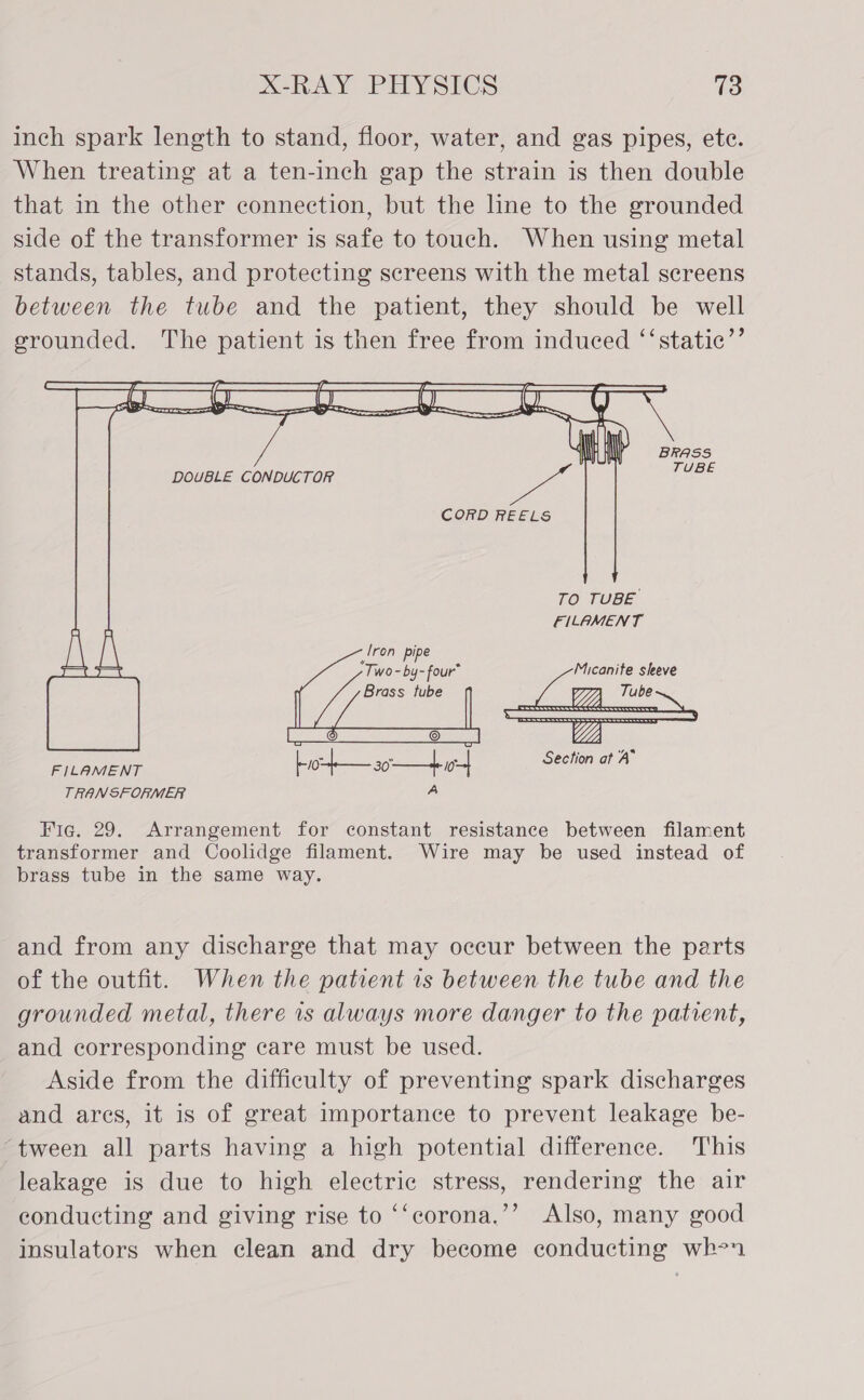 inch spark length to stand, floor, water, and gas pipes, ete. When treating at a ten-inch gap the strain is then double that in the other connection, but the line to the grounded side of the transformer is safe to touch. When using metal stands, tables, and protecting screens with the metal screens between the tube and the patient, they should be well srounded. The patient is then free from induced ‘‘static”’         DOUBLE CONDUCTOR CORD REELS TO TUBE FILAMENT   j G . : R Section at A” FILAMENT [o-+— s0-—$+4.0-| ghee TRANSFORMER A Fig. 29. Arrangement for constant resistance between filament transformer and Coolidge filament. Wire may be used instead of brass tube in the same way. and from any discharge that may occur between the parts of the outfit. When the patient 1s between the tube and the grounded metal, there is always more danger to the patient, and corresponding care must be used. Aside from the difficulty of preventing spark discharges and ares, it is of great importance to prevent leakage be- ‘tween all parts having a high potential difference. This leakage is due to high electric stress, rendering the air conducting and giving rise to ‘‘corona,’’ Also, many good insulators when clean and dry become conducting wh°n