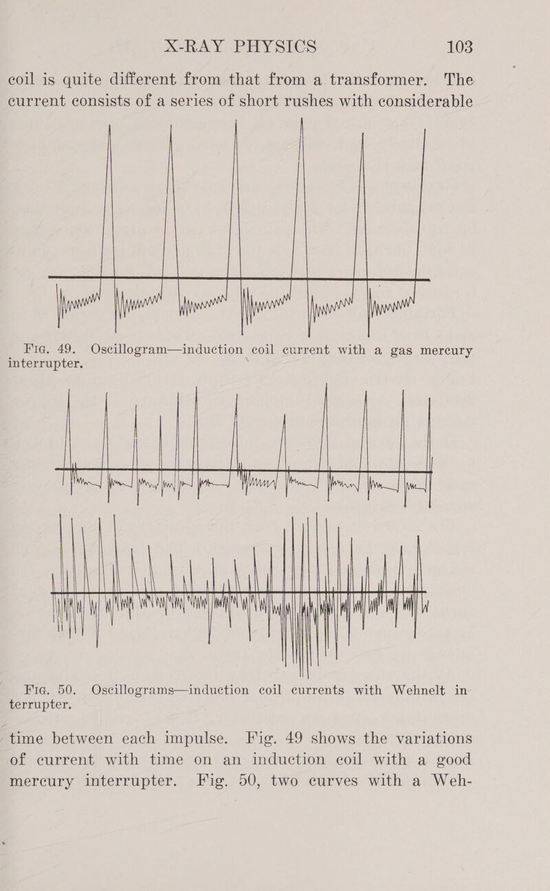 eoil is quite different from that from a. transformer. The eurrent consists of a series of short rushes with considerable a Ye bo oo! ow Fie, 49. Oscillogram—induction coil current with a gas mercury interrupter. . fd po il | er a —— —— ———— ir ne TIT ni m 3 my i i |   | 1 | |     HIG. 50. Oscillograms—inducetion coil currents with Wehnelt in- terrupter. ‘time between each impulse. Fig. 49 shows the variations of current with time on an induction coil with a good mercury interrupter. Fig. 50, two curves with a Weh-