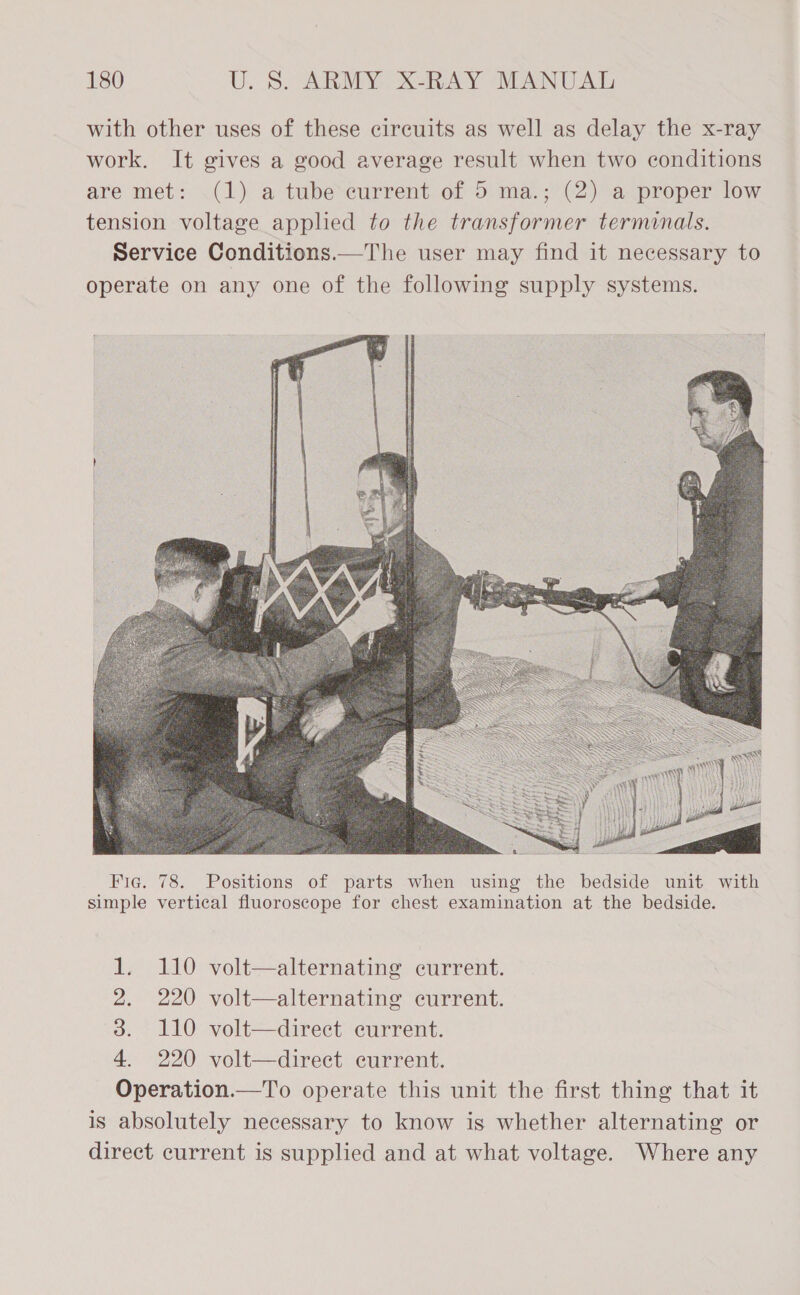 with other uses of these circuits as well as delay the x-ray work. It gives a good average result when two conditions are met: (1) a tube current of 5 ma.; (2) a proper low tension voltage applied to the transformer terminals. Service Conditions.—The user may find it necessary to operate on any one of the following supply systems.  Fic. 78. Positions of parts when using the bedside unit with simple vertical fluoroscope for chest examination at the bedside. 110 volt—alternating current. 220 volt—alternating current. 110 volt—direct current. 220 volt—direct current. Bberstiod “16 operate this unit the first thing that it is absolutely necessary to know is whether alternating or direct current is supplied and at what voltage. Where any oo bo