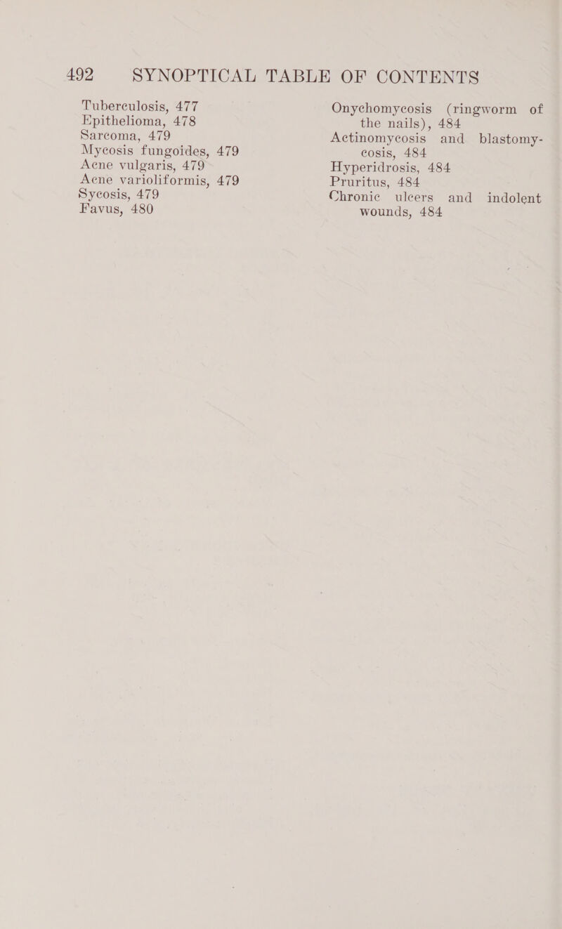 Epithelioma, 478 Sarcoma, 479 Mycosis fungoides, 479 Acne vulgaris, 479 Acne varioliformis, 479 Sycosis, 479 Favus, 480 the nails), 484 Actinomycosis and _ blastomy- cosis, 484 Hyperidrosis, 484 Pruritus, 484 Chronic ulcers and _ indolent wounds, 484