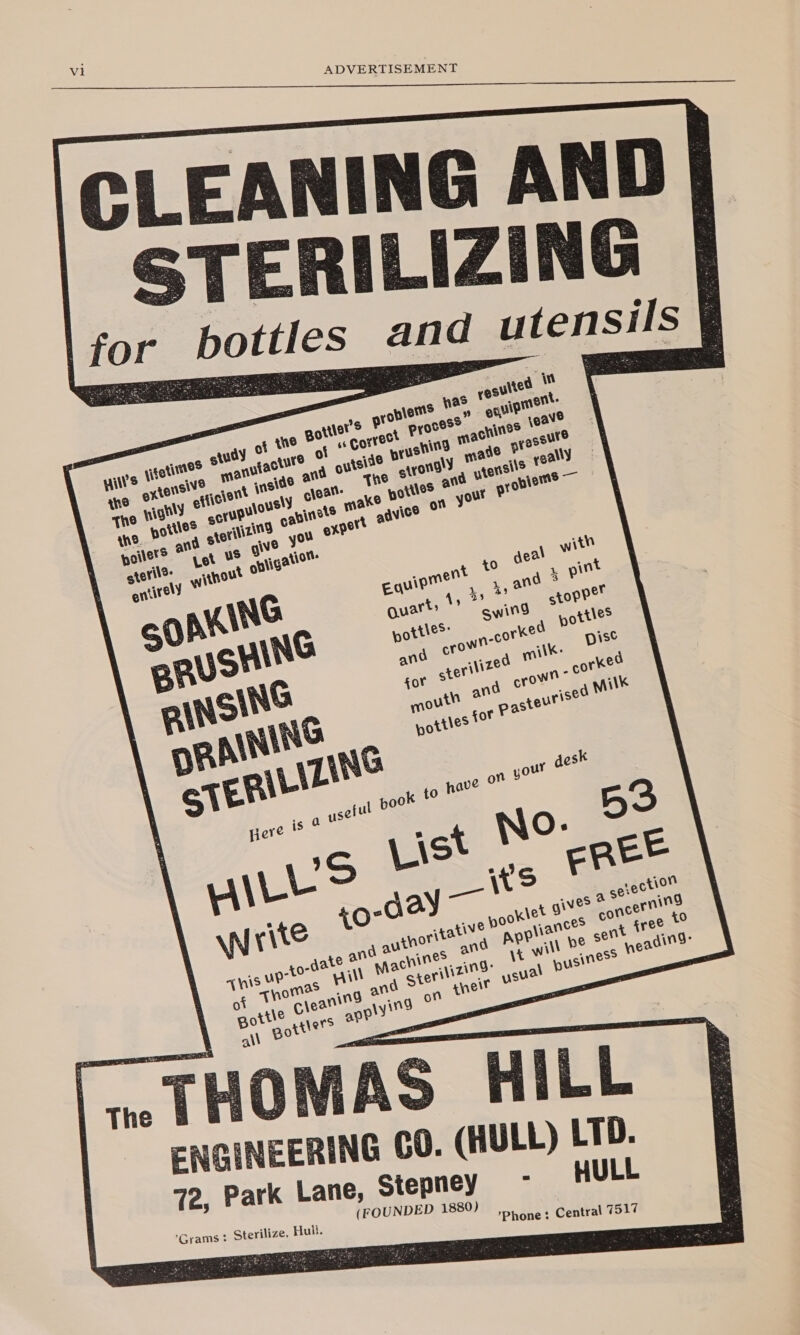    ENGINEERING C0. (HULL) LTD. 72, Park Lane, Stepney ~~ HULL FOUNDED 1880)   Grams? Sterilize, Hull. ’Phone : Central 7517