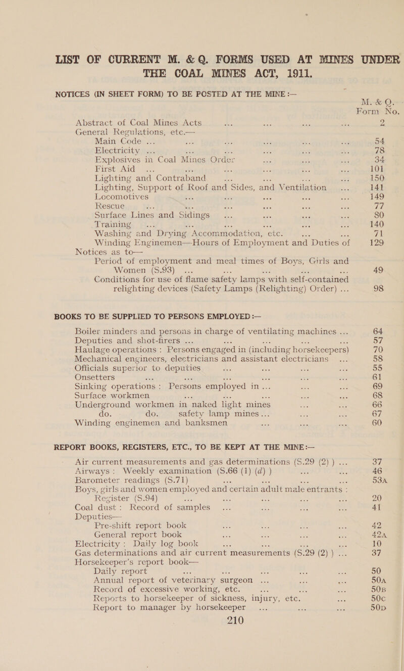 LIST OF CURRENT M. &amp; Q. FORMS USED AT MINES UNDER THE COAL MINES ACT, 1911. NOTICES (IN SHEET FORM) TO BE POSTED AT THE MINE :—  M.-&amp; Q. Form No. Abstract of Coal Mines Acts ds xe am ie 2 General Regulations, etc.— Main Code ... ay: ss sb ee. eed 54 Electricity, tac. ste ey ae 78 Explosives in Coal Mines Order ep get 663 34 First Aid: a7, a3 sat ne whe 10] Lighting and Contraband BA oe ce “2 150 Lighting, Support of Roof and | Sides, and Ventilation ...... 14] Locomotives z sae ee cat 149 Rescue i. ee one we ae da Surface Lines and Sidings - sis a on 80 Trammeg, }4..: er rs: 140 Washing and Dr ying “Accommodation, ete. 71 Winding Enginemen—Hours of Employment and Duties of 129 NOLICES as, To— Period of employment and meal times of Boys, Girls and Women (S.93) ... 49 Conditions for use of flame safety lamps with self- contained relighting devices (Safety Lamps (Relighting) Order) .. 98 BOOKS TO BE SUPPLIED TO PERSONS EMPLOYED :— Boiler minders and persons in charge of ventilating machines ... 64 Deputies and shot-firers ... 57 Haulage operations : Persons engaged i Liaal (including horsekeepers) 70 Mechanical engineers, electricians and assistant electricians ... 58 Officials superior to deputies as ess sie 7 55 Onsetters ‘ a or ae oe $83 61 Sinking operations : Persons employed in... pe sa 69 Surface workmen a a8 68 Underground workmen in 1 naked light mines wh = 66 do. do. safety lamp mines. ae aa 67 Winding enginemen and banksmen se o mm 60 REPORT BOOKS, REGISTERS, ETC., TO BE KEPT AT THE MINE:— Air current measurements and gas determinations (S.29 (2) ) ... 37 Airways: Weekly examination (S.66 (1) (d) ) a 5 38 46 Barometer readings (S. i 53A Boys, girls and women employed and certa in adult male entrants - Reg ‘ister (S.94) wae 5s nae Se oe 20 Coal dust: Record of samples... ae see a 4] Pre-shift report book ee ee tie ae 42 General report book ane ex ee an 42a Electricity : Daily log book ais eis ae 10 Gas determinations and air current measurements (S20 tay tt cee 37 Horsekeeper’s report book— Daily report Ae = ae 50 Annual report of veterinary surgeon ae ee aoe 50a Record of excessive working, etc. Dee : xe 508 Reports to horsekeeper of sickness, injury, etc. Ben 50c Report to manager by horsekeeper ... on cia 50D
