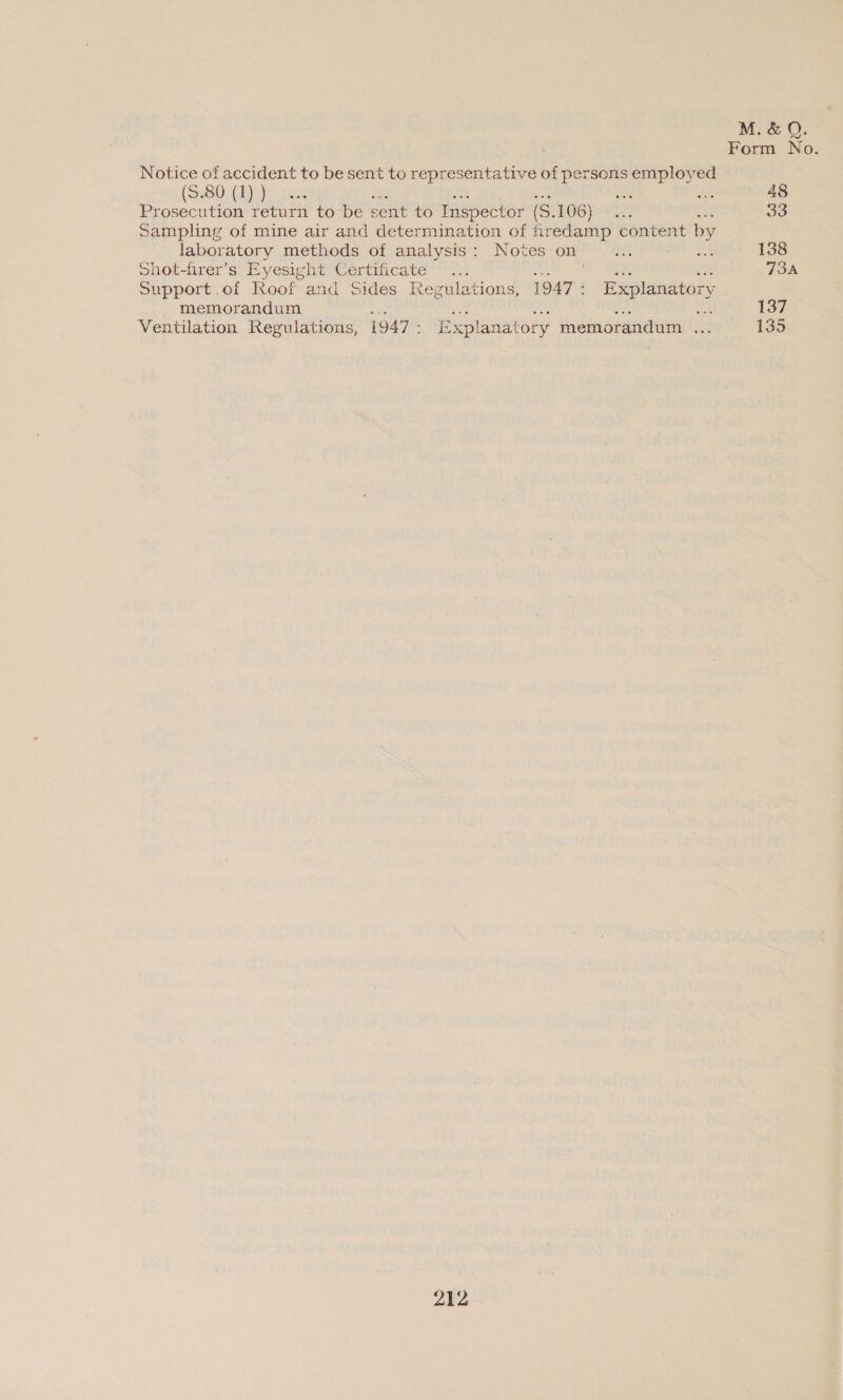 Notice of accident to be sent to representative of persons employed (S.80 (1) ) ee a Prosecution return to be sent to Inspector (S. 106) Sampling of mine air and determination of firedamp content by laboratory methods of analysis: Notes on ae Shot-firer’s Eyesight Certificate .. Tate tee ee Me Support .of Roof and Sides Regulations, 1947: Explanatory memorandum aes eee ae EA! Ventilation Regulations, 1947 - Explanatory memorandum ... 212 M.&amp;Q. Form No. 48 33 138 73A 137 135