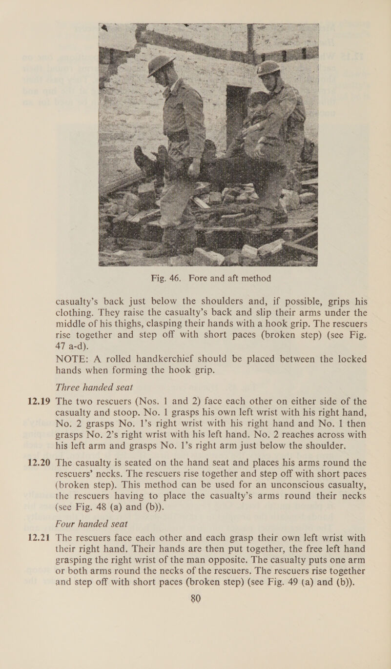 12.19 12.20 12.21  Fig. 46. Fore and aft method casualty’s back just below the shoulders and, if possible, grips his clothing. They raise the casualty’s back and slip their arms under the middle of his thighs, clasping their hands with a hook grip. The rescuers rise together and step off with short paces (broken step) (see Fig. 47 a-d). NOTE: A rolled handkerchief should be placed between the locked hands when forming the hook grip. Three handed seat The two rescuers (Nos. 1 and 2) face each other on either side of the casualty and stoop. No. | grasps his own left wrist with his right hand, No. 2 grasps No. 1’s right wrist with his right hand and No. 1 then grasps No. 2’s right wrist with his left hand. No. 2 reaches across with his left arm and grasps No. 1’s right arm just below the shoulder. The casualty is seated on the hand seat and places his arms round the rescuers’ necks. The rescuers rise together and step off with short paces (broken step). This method can be used for an unconscious casualty, the rescuers having to place the casualty’s arms round their necks (see Fig. 48 (a) and (b)). Four handed seat The rescuers face each other and each grasp their own left wrist with their right hand. Their hands are then put together, the free left hand grasping the right wrist of the man opposite. The casualty puts one arm or both arms round the necks of the rescuers. The rescuers rise together and step off with short paces (broken step) (see Fig. 49 (a) and (b)).