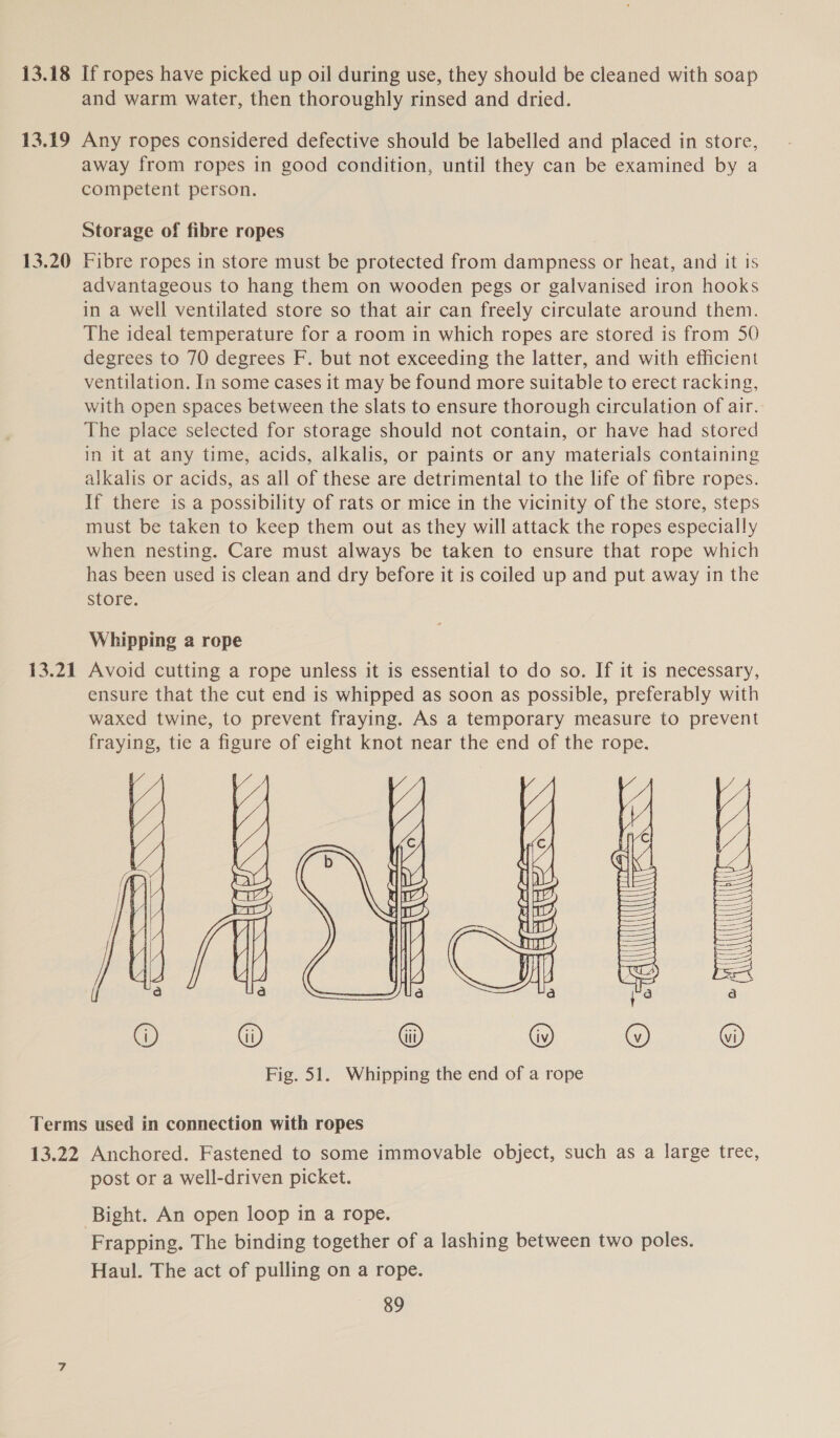 13.18 13.19 13.20 If ropes have picked up oil during use, they should be cleaned with soap and warm water, then thoroughly rinsed and dried. Any ropes considered defective should be labelled and placed in store, away from ropes in good condition, until they can be examined by a competent person. Storage of fibre ropes Fibre ropes in store must be protected from dampness or heat, and it 1s advantageous to hang them on wooden pegs or galvanised iron hooks in a well ventilated store so that air can freely circulate around them. The ideal temperature for a room in which ropes are stored is from 50 degrees to 70 degrees F. but not exceeding the latter, and with efficient ventilation. In some cases it may be found more suitable to erect racking, with open spaces between the slats to ensure thorough circulation of air. The place selected for storage should not contain, or have had stored in it at any time, acids, alkalis, or paints or any materials containing alkalis or acids, as all of these are detrimental to the life of fibre ropes. If there is a possibility of rats or mice in the vicinity of the store, steps must be taken to keep them out as they will attack the ropes especially when nesting. Care must always be taken to ensure that rope which has been used is clean and dry before it is coiled up and put away in the Store. Whipping a rope Avoid cutting a rope unless it is essential to do so. If it is necessary, ensure that the cut end is whipped as soon as possible, preferably with waxed twine, to prevent fraying. As a temporary measure to prevent fraying, tie a figure of eight knot near the end of the rope. (Or @   Fig. 51. Whipping the end of a rope 13.22 Anchored. Fastened to some immovable object, such as a large tree, post or a well-driven picket. Frapping. The binding together of a lashing between two poles. Haul. The act of pulling on a rope.