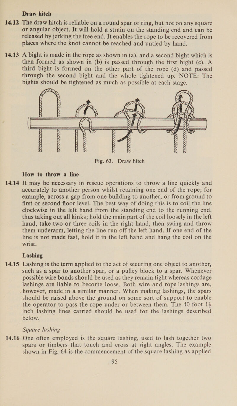 14.12 14.13 14.14 14.15 14.16 Draw hitch The draw hitch is reliable on a round spar or ring, but not on any square or angular object. It will hold a strain on the standing end and can be released by jerking the free end. It enables the rope to be recovered from places where the knot cannot be reached and untied by hand. A bight is made in the rope as shown in (a), and a second bight which is then formed as shown in (b) is passed through the first bight (c). A third bight is formed on the other part of the rope (d) and passed through the second bight and the whole tightened up. NOTE: The bights should be tightened as much as possible at each stage.           How to throw a line It may be necessary in rescue operations to throw a line quickly and accurately to another person whilst retaining one end of the rope; for example, across a gap from one building to another, or from ground to first or second floor level. The best way of doing this is to coil the line clockwise in the left hand from the standing end to the running end, thus taking out all kinks; hold the main part of the coil loosely in the left hand, take two or three coils in the right hand, then swing and throw them underarm, letting the line run off the left hand. If one end of the line is not made fast, hold it in the left hand and hang the coil on the wrist. Lashing Lashing is the term applied to the act of securing one object to another, such as a spar to another spar, or a pulley block to a spar. Whenever possible wire bonds should be used as they remain tight whereas cordage lashings are liable to become loose. Both wire and rope lashings are, should be raised above the ground on some sort of support to enable the operator to pass the rope under or between them. The 40 foot 14 inch lashing lines carried should be used for the lashings described below. Square lashing One often employed is the square lashing, used to lash together two spars or timbers that touch and cross at right angles. The example shown in Fig. 64 is the commencement of the square lashing as applied es