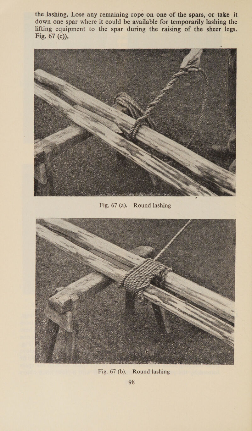 the lashing. Lose any remaining rope on one of the spars, or take it down one spar where it could be available for temporarily lashing the lifting equipment to the spar during the raising of the sheer legs. Fig. 67 (c)). 