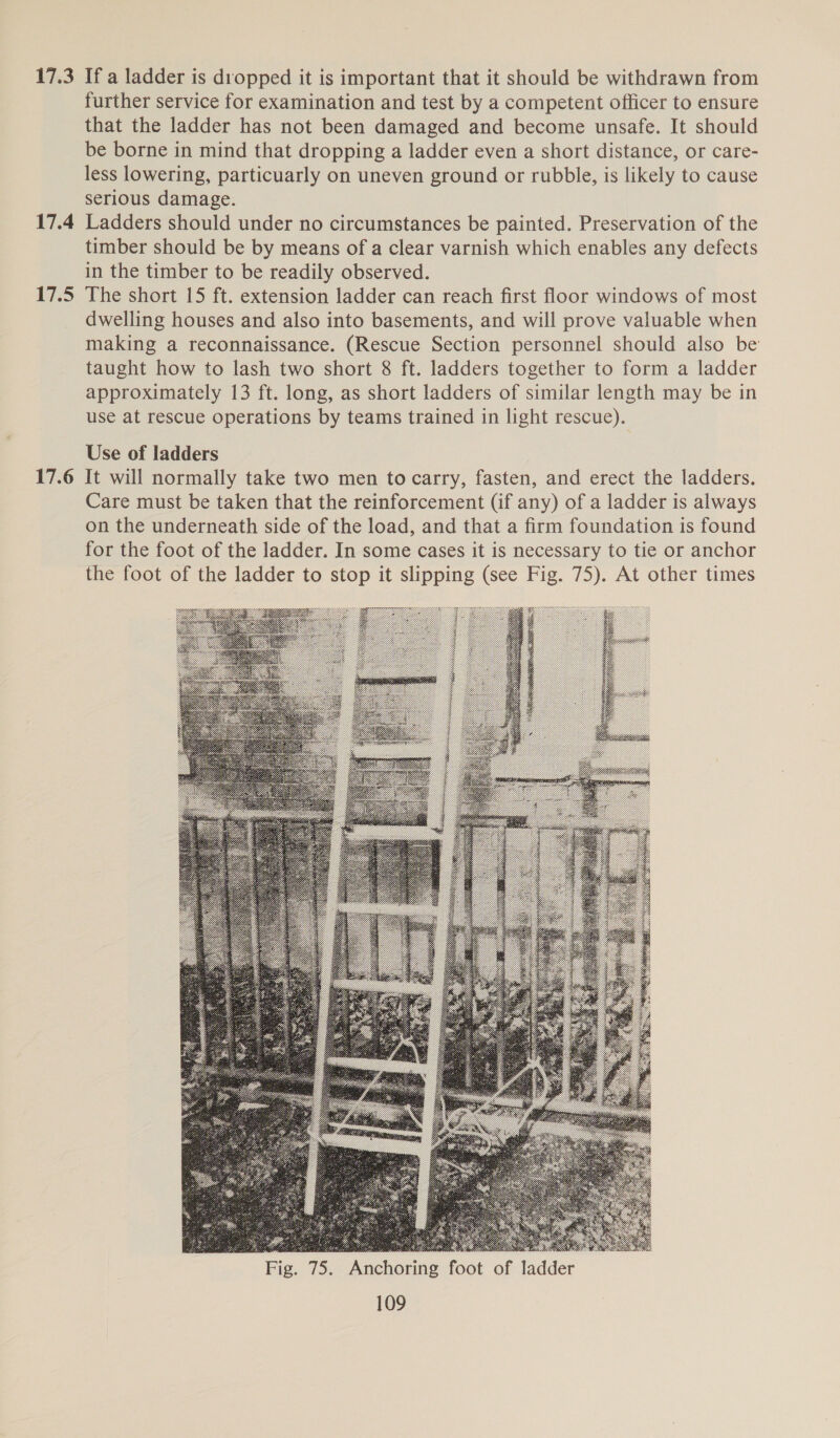 17.3 17.4 Ls 17.6 If a ladder is dropped it is important that it should be withdrawn from further service for examination and test by a competent officer to ensure that the ladder has not been damaged and become unsafe. It should be borne in mind that dropping a ladder even a short distance, or care- less lowering, particuarly on uneven ground or rubble, is likely to cause serious damage. Ladders should under no circumstances be painted. Preservation of the timber should be by means of a clear varnish which enables any defects in the timber to be readily observed. The short 15 ft. extension ladder can reach first floor windows of most dwelling houses and also into basements, and will prove valuable when making a reconnaissance. (Rescue Section personnel should also be taught how to lash two short 8 ft. ladders together to form a ladder approximately 13 ft. long, as short ladders of similar length may be in use at rescue operations by teams trained in light rescue). Use of ladders It will normally take two men to carry, fasten, and erect the ladders. Care must be taken that the reinforcement (if any) of a ladder is always on the underneath side of the load, and that a firm foundation is found for the foot of the ladder. In some cases it is necessary to tie or anchor the foot of the ladder to stop it slipping (see Fig. 75). At other times 