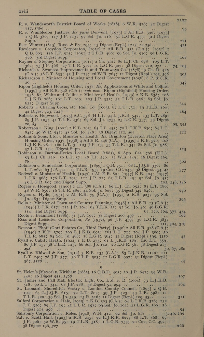 38 Digest 196, 327 PAGE R. v. Wandsworth District Board of Works (1858), 6 W.R. 576; a4 Digest FE7 L300 ~~. 95 R. v. Wimbledon Justices, Ex parte Derwent, [1953] 1 All E.R. 390; [1953] tO. Br+3805'* 17 hE erg 7 aol apo: tr iO, eat te ee i 433) 74 aaa Supp. : a s 22 R. v. Winter (1815), Russ. &amp; RY 229515 Digest ‘(Repl.) 1233, 12 350. 421 Rawlence v. Croydon Corporaton, [1952] 2 All E.R. 535 (C.A.); [1952] 2 0.B. 809; -bi0 Jor 575-115 202 et are ae 96 Sol. Jo. 530; 50 L:G.R. 576; 3rd Digest Supp. a e Er: Bi 108 Rayner v. Stepney Corporation, [1911] 2 Ch. 312; 30 Ly]. Chi o7@, rose. ae 362; 75 J.P. 468; 29 T.L.Ro 512% to LG: R.907) 938 Digest 21a ae 74, 104 Richards v. Swansea Improvements and Tramways Co. (1878), 9 Ch. D. 425 (C.A.); 38 L.T..833; 43 J.P! 174; 26 W.R.°764; 11 Digest (Repl) 193; 596 305 Richardson v. Minister of Housing and Local Government (1956), 8 P. &amp; C.R 204 cas a os bs = a oe 3 3 Ripon (Highfield) Housing Order, 1938, Re, Applications of White and Collins, of [1939] 3 All E.R. 548 (C.A.); sub nom. Ripon (Highfield) Housing Order, 1938, Re, White and Collins v. Minister of Health, [1939] 2 K.B. 838; 108 L.J.K-B.' 768; 261 TT? 109; 103) P9331 59°55 Ti toe ee see 622; Digest Supp. = .s re &lt;7 me raf 344 Roberts v. Charing Cross, etc. Rail. Co. (1903), 87 Lb) 732; ro 1 ee 42 Digest 723, 1423 os #3 Ne rid 4; 164 Roberts v. Hopwood, [1925] hy c. 578 (EL, L); 94 L:j..K.B: 542; £33 bake ogee 89 J.P: 105%) 49 DRY 364 4607 S0l-w10.. 4978 oe te ee 33 Digest 20, 83 . . 95, 345 Robertson v. King, [1907] 2 K. 1B: 265; 605 vi Pe 453: 70 vs iS: B. 630; 84 eA pad 842; 49 WIR 542 +45 Sol. [0;/448 5738 Digest 2127407 ‘bye Robins &amp; Sons, Ltd. v Minister of Health, Re, Brighton (Everton Place Area) Housing Order, 1937, [1938] 4 All E.R. 446 (C.A.); [1939] 1 K.B. 520; 108 DORR B28 re 200. Te RIS vase tre 33 55. P.L.R.134;*82 Sol.’ Jo. Gao; 37 LARK. 244 Divestisupp can ee 3 on ae: Se 115 Robinson v. Barton-Eccles Local Board (1883), 8 App..Cas.798 ‘(EES 54°. J. Ch.:226; 50 L..12573 448 %).P. 276% 224 tyedG eee p1eese 269, 56 302 Robinson v. Sunderland Corporation, [1 899] iy OF B. 751; 68 L. ‘a Bi oe 330; 80 L.T. 262; 63 J-P.-3453 15 T-L.Rowg5;. 19 Cox, G. Cl 245.48 iivest 1 eee 377 Rodwell v. Minister of Health, [1947] 1 All E.R. 80; [1947] K.B. 404; [1947] L:J.R.°568&gt; 176°L..&gt; 193; 218i) .Ps 925 (OF TE Loa eg eo ee 45 L.G.R. 60; 2nd Digest Supp. M. &amp; + -- 202, 248, 346 Rogers v. Hosegood, [1900] 2 Ch. 388 (C. A. \*°69_L. J. Chvt65 2. Ba ae. ee 48 W.R. 650; 16 T.L.R. 489; 44 Sol. Jo. 607; 35 Digest 342, 846.. a 270 Rogers v. Hyde, [1951] 2 All E.R. 79 (C.A.); [1951] 2 K.B. 923; 95 Sol. Jo. 483; “Digest Supp... 395 Rollo v. Minister of Town and Country Planning, [1948] 1 AIE.R. 1 3 (C.A. ): [1948] L.J-R. 817; ‘112, J:P. 104; 64°1.L:R.25;-092 Solx]o: 40; 7O Ge 114; 2nd Digest Supp. .. ed oe ae a 67, 178, 264, 377, 454 Roots v. Beaumont (1886), 51 J.P. 197; 38 Digest 209, 437 .. re aa 102 Ross and Leicester Corporation, Re (1932), a Pee 459: 30° 15.GraR 4G ae Digest Supp. 2) | Sty, See sag Rousou v. Photi (Gort Estates coy “Third Party), [1940] 2 AIE.R. 529 (CoA a [1040]: ee 2370 Vs 0G ise K.B. 693° “163 L/L 725) TOt Ma eee T.L.R. 685; 84 Sol. Jo. 488; 38 L.G.R. 364; 31 Digest. (Repl.) 1990, 33r0 45 Ryall v. Cubitt Heath, [1922] 1 K.B. 275; 91 L.J.K.B. 189; 126 L.T. 359; 86 J.P. 15:3°39 T.L.R..123; 66 Sol. Joo142;' 20 LGR 5G; 3a igesr ore, . 498 7 oF: t7 we aa K: se ve «a 50, 67, 280 Ryall v. Kidwell &amp; Son, [1914] 3 K.B. 135 (C.A.); 83 L.J.K.B. 1140; 111 L.T. 2407 78 J.P. 377; 30 T.L OR. 5033) 12 [°G Ri9075 31 Diteet nie 367, 5 ieo ea isi ote 5% he te ote “9 - ae 44 Ss St. Helen’s (Mayor) v. Kirkham (1885), 16 Q.B.D, 403; pe J.P.:64750034, Wie 440; 26 Digest 551, 2468 es a a 107 St. James and Pall Mall Electric Light Co., Ltd. v. R. prec 73. Ley ae: 518; 9046; [313445 /08-JePi288 jas Digest SIN 294 is 164 St. Leonard, Shoreditch Vestry v. London County Council, [1895] 2 QO. B. 1043. 64 /LAJ.Q.B. 6453! 72 .L.T + 8027 ..59..)..B. 042350 43) Sooreeme T.L.R. 420; 39 Sol. Jo. 539; 15 R. 516; 11 Digest (Repl.) 109, 53.. i 311 Salford Corporation v. Hale, [1925] 1 K.B. 503 (C.A.); 94 L.J.K.B. 326; 132 L.T..320; 89 J.P..19;..41 1.0:R: 25739¢602SaL is 1925 :23'L.G.Ri266; 38 Digest 215, 496 .. Nz 54 Salisbury Corporation v. Roles, [1948] W.N. 412; 92 Sol. Jo. “618 é 3, 49, 299 Salt. v. Scott, Hall, [1903] 2iK.B. 245; 72\LJ].K.B. 162730 838 12h: 868: 67 J}. P, 30630 52-Wi Ra fos rig Liliks Sie i. L.G.R.: 753 j020 Coxa GG. age : 0h ne 5 ie - 266