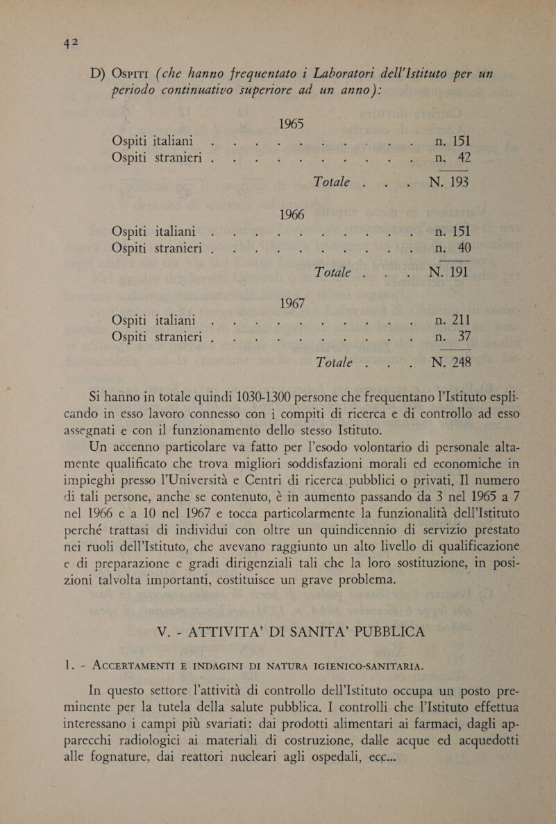 D) Ospiti (che hanno frequentato 1 Laboratori dell'Istituto per un periodo continuativo superiore ad un anno):   1965 Ospiti italiani“ &lt;— LE R ia e E Ospiti stranteti 0g 0 3 A SA Totale. «asian 145 1966 Ospiti «italiani! a cumazione erat LSM Ospiti ‘stranieri sio ng®, LaPzaga +e ERE LOMe ss a AAA 1967 Ospiti italiani: Spe e Ospiti ‘stranieri; (Gue i PS E Totale ES Si hanno in totale quindi 1030-1300 persone che frequentano l’Istituto espli- cando in esso lavoro connesso con i compiti di ricerca e di controllo ad esso assegnati e con il funzionamento dello stesso Istituto. Un accenno particolare va fatto per l’esodo volontario di personale alta- mente qualificato che trova migliori soddisfazioni morali ed economiche in impieghi presso l’Università e Centri di ricerca pubblici o privati, Il numero di tali persone, anche se contenuto, è in aumento passando da 3 nel 1965 a 7 nel 1966 e a 10 nel 1967 e tocca particolarmente la funzionalità dell’Istituto perché trattasi di individui con oltre un quindicennio di servizio prestato nei ruoli dell’Istituto, che avevano raggiunto un alto livello di qualificazione e di preparazione e gradi dirigenziali tali che la loro sostituzione, in posi- zioni talvolta importanti, costituisce un grave problema. V.- ATTIVITA DI'SANFFA *PUBBLICA 1. - ACCERTAMENTI E INDAGINI DI NATURA IGIENICO-SANITARIA. In questo settore l’attività di controllo dell’Istituto occupa un posto pre- minente per la tutela della salute pubblica. I controlli che l’Istituto effettua interessano i campi più svariati: dai prodotti alimentari ai farmaci, dagli ap- parecchi radiologici ai materiali di costruzione, dalle acque ed acquedotti alle fognature, dai reattori nucleari agli ospedali, ecc...