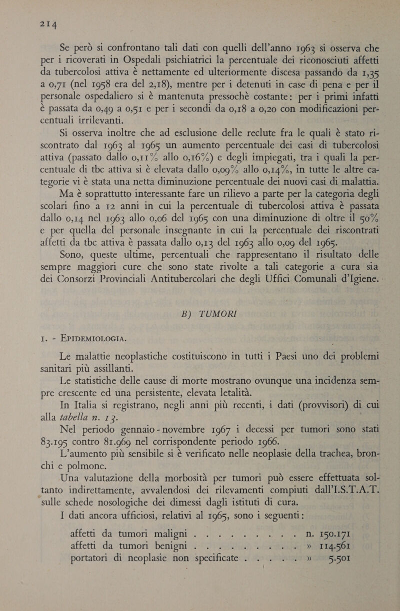 Se però si confrontano tali dati con quelli dell’anno 1963 si osserva che per i ricoverati in Ospedali psichiatrici la percentuale dei riconosciuti affetti da tubercolosi attiva è nettamente ed ulteriormente discesa passando da 1,35 a 0y71 (nel 1958 era del 2,18), mentre per i detenuti in case di pena e per il personale ospedaliero si è mantenuta pressochè costante: per i primi infatti è passata da 0,49 a 0,51 e per i secondi da 0,18 a 0,20 con modificazioni per-. centuali irrilevanti. Si osserva inoltre che ad esclusione delle reclute fra le quali è stato ri-_ scontrato dal 1963 al 1965 un aumento percentuale dei casi di tubercolosi attiva (passato dallo O,II % allo 0,16%) e degli impiegati, tra i quali la per- centuale di tbc attiva si è elevata dallo 0,09% allo 0,14%, in tutte le altre ca- tegorie vi è stata una netta diminuzione percentuale dei nuovi casi di malattia. Ma è soprattutto interessante fare un rilievo a parte per la categoria degli scolari fino a 12 anni in cui la percentuale di tubercolosi attiva è passata dallo 0,14 nel 1963 allo 0,06 del 1965 con una diminuzione di oltre il 50% e per quella del personale insegnante in cui la percentuale dei riscontrati affetti da tbc attiva è passata dallo 0,13 del 1963 allo 0,09 del 1965. Sono, queste ultime, percentuali che rappresentano il risultato delle sempre maggiori cure che sono state rivolte a tali categorie a cura sia dei Consorzi Provinciali Antitubercolari che degli Uffici Comunali d’Igiene. B) TUMORKI - EPIDEMIOLOGIA. Le malattie neoplastiche costituiscono in tutti i Paesi uno dei problemi sanitari più assillanti. Le statistiche delle cause di morte mostrano ovunque una incidenza sem- pre crescente ed una persistente, elevata letalità. In Italia si registrano, negli anni più recenti, i dati (provvisori) di cui alla tabella n. 13. Nel periodo gennaio - novembre 1967 i decessi per tumori sono stati 83.195 contro 81.969 nel corrispondente periodo 1966. L’aumento più sensibile si è verificato nelle neoplasie della trachea, bron- chi e polmone. Una valutazione della morbosità per tumori può essere effettuata sol- tanto indirettamente, avvalendosi dei rilevamenti compiuti dall’I.S.T.A.T. “sulle schede nosologiche dei dimessi dagli istituti di cura. I dati ancora ufficiosi, relativi al 1965, sono i seguenti: affetti da*tumori’maligni. i a affetti ‘da tumori benigni i retin o I portatori di neoplasie non specificate . . . . . » 5.501