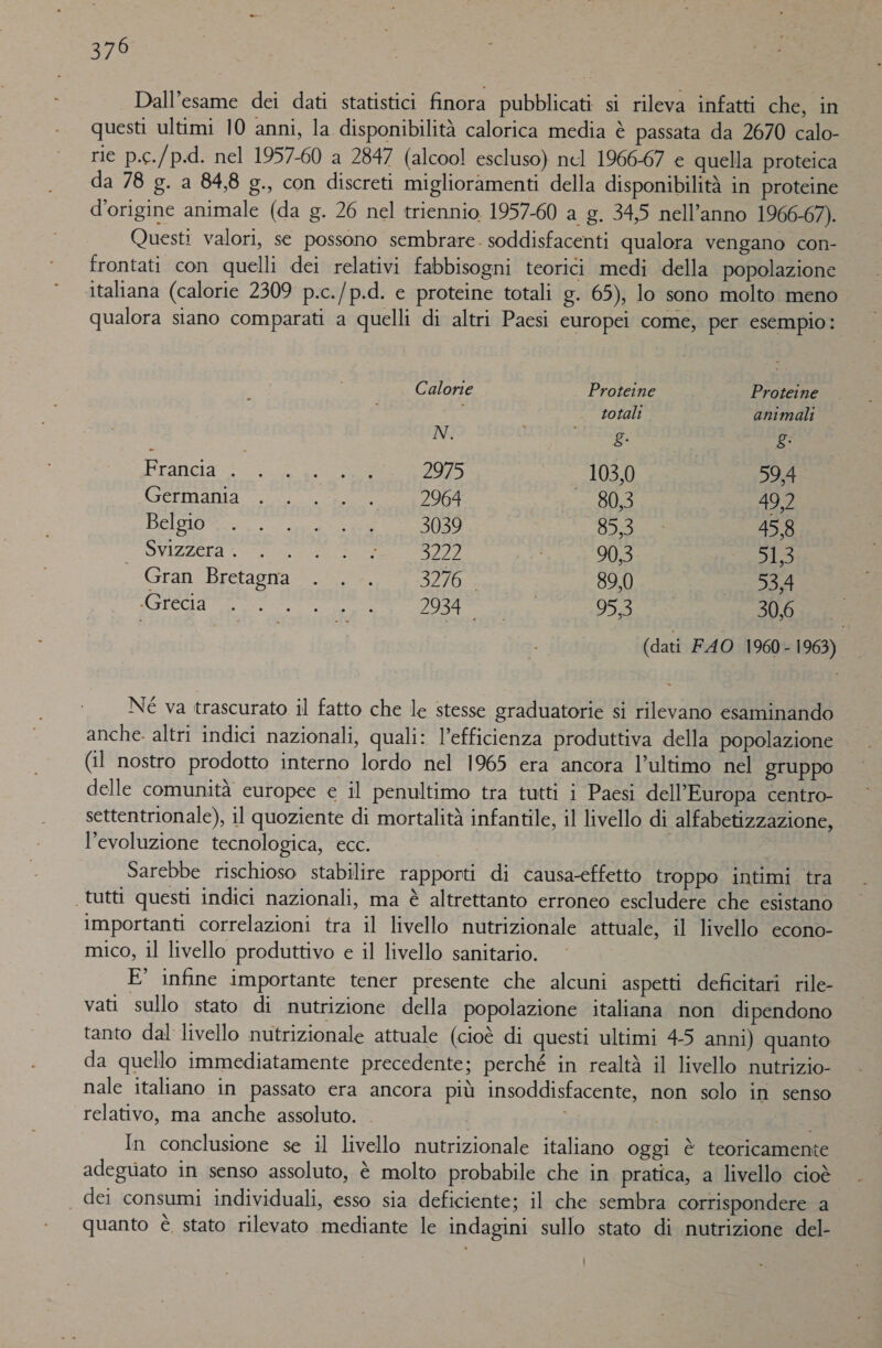 Dall’esame dei dati statistici finora pubblicati si rileva infatti che, in questi ultimi 10 anni, la disponibilità calorica media è passata da 2670 calo- rie p.c./p.d. nel 1957-60 a 2847 (alcoo! escluso) nel 1966-67 e quella proteica da 78 g. a 84,8 g., con discreti miglioramenti della disponibilità in proteine d'origine animale (da g. 26 nel triennio. 1957-60 a g. 34,5 nell’anno 1966-67). Questi valori, se possono sembrare. soddisfacenti qualora vengano con- frontati con quelli dei relativi fabbisogni teorici medi della popolazione italiana (calorie 2309 p.c./p.d. e proteine totali g. 65), lo sono molto meno qualora siano comparati a quelli di altri Paesi europei come, per esempio: Calorie Proteine Proteine totali animali N. g. g: Braida ei 2975 103,0 59,4 (Germania cche. oca 2964 Me GER Belbo gra 3039 pr 45,8 SVIZZOEA == N IS 3227 | 90,3 pt RE: Gran Bretagna cea 3276. 39,0 53,4 ALTO sero rene i enne Sa 30,6 (dati FAO 1960-1963) Né va trascurato il fatto che le stesse graduatorie si rilevano esaminando anche. altri indici nazionali, quali: l’efficienza produttiva della popolazione (il nostro prodotto interno lordo nel 1965 era ancora l’ultimo nel gruppo delle comunità europee e il penultimo tra tutti i Paesi dell'Europa centro- settentrionale), il quoziente di mortalità infantile, il livello di alfabetizzazione, l'evoluzione tecnologica, ecc. I Sarebbe rischioso stabilire rapporti di causa-effetto troppo intimi tra tutti questi indici nazionali, ma è altrettanto erroneo escludere che esistano importanti correlazioni tra il livello nutrizionale attuale, il livello econo- mico, il livello produttivo e il livello sanitario. E’ infine importante tener presente che alcuni aspetti deficitari rile- vati sullo stato di nutrizione della popolazione italiana non dipendono tanto dal livello nutrizionale attuale (cioè di questi ultimi 4-5 anni) quanto da quello immediatamente precedente; perché in realtà il livello nutrizio- nale italiano in passato era ancora più insoddisfacente, non solo in senso relativo, ma anche assoluto. — | ù SSR In conclusione se il livello nutrizionale italiano oggi è teoricamente adeguato in senso assoluto, è molto probabile che in pratica, a livello cioè . dei consumi individuali, esso sia deficiente; il che sembra corrispondere a quanto è stato rilevato mediante le indagini sullo stato di nutrizione del-