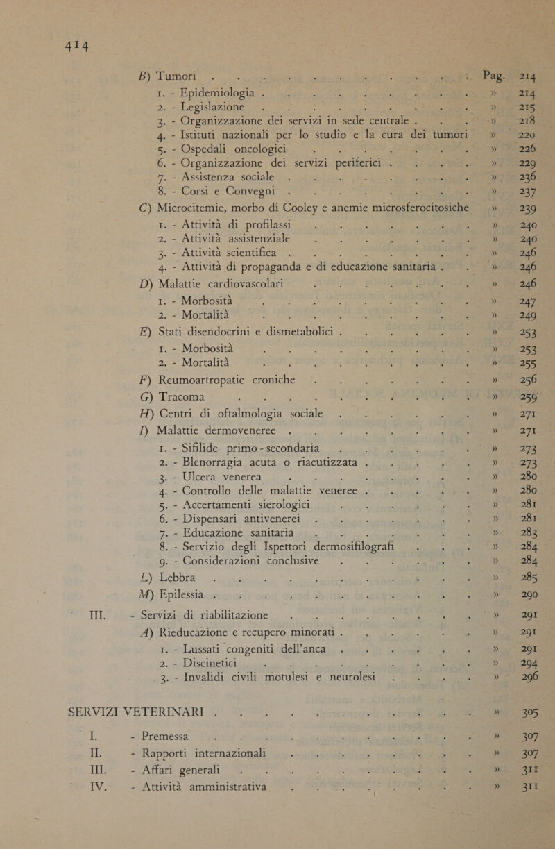 B) Tumori sd - Epidemiologia . - Legislazione È ; i ; - Organizzazione dei servizi in chat centrale . - Istituti nazionali per lo studio e la cura dei tumori Ospedali oncologici È Organizzazione dei servizi periferici Assistenza sociale - Corsi e Convegni ' iz DI DU W DÒ \ © SE icrocitemie, morbo di Cooley e anemie nigra e - Attività di profilassi Attività assistenziale Attività scientifica î 4 o - Attività di propaganda e di caiazina sanitaria . WIN \ D) Malattie cardiovascolari - Morbosità È : ì ì ; a ed £ - Mortalità E) Stati disendocrini e dismetabolici . - Morbosità - Mortalità F) Reumoartropatie croniche G) Tracoma SI H) Centri di oftalmologia sociale I) Malattie dermoveneree . - Sifilide primo - secondaria Blenorragia acuta o riacutizzata Ulcera venerea Controllo delle na veneree Accertamenti sierologici Dispensari antivenerei . - Educazione sanitaria - Servizio degli Ispettori detacullonaà g. - Considerazioni conclusive L) Lebbra M) Epilessia \ \ I : 3 4. S. 6 X 8. Servizi di riabilitazione Da Rieducazione e recupero minorati . - Lussati congeniti dell’anca - Discinetici &gt;. - Invalidi civili rnenà e neurolesi I. II. Premessa Rapporti internazionali Affari generali Attività amministrativa TCA db) )) ») ») DIi ) » )») ») ») ) )) » » » » ») » » » » » » » » )») » ») 214 214 215 218 220 226. 229 236 NÒ 239 240 240 246 246 246 247 243 Sha 253 256 271 271 279 St È 280 280 281 281 283 284 284 285 290 29I 29I 291 294 296 305 307 307 3II ZII