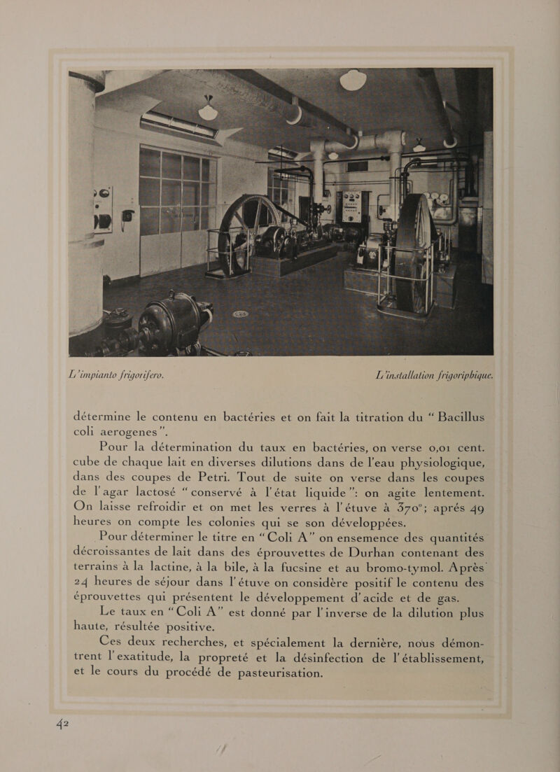  42 détermine le contenu en bactéries et on fait la titration du “ Bacillus coli aerogenes”. Pour la détermination du taux en bactéries, on verse 0,01 cent. cube de chaque lait en diverses dilutions dans de l'eau physiologique, dans des coupes de Petri. Tout de suite on verse dans les coupes de l’agar lactosé “conservé à l’état liquide”: on agite lentement. On laisse refroidir et on met les verres à l’étuve à 370°; aprés 49 heures on compte les colonies qui se son développées. Pour déterminer le titre en “Coli A” on ensemence des quantités décroissantes de lait dans des &amp;prouvettes de Durhan contenant des terrains à la lactine, à la bile, à la fucsine et au bromo-tymol. Après 24 heures de séjour dans l’étuve on considère positif le contenu des eprouvettes qui présentent le développement d’acide et de gas. Le taux en “Coli A” est donné par l’inverse de la dilution plus haute, résultée positive. Ces deux recherches, et spécialement la dernière, nous démon- trent l'exatitude, la propreté et la désinfection de l’établissement, et le cours du procédé de pasteurisation.