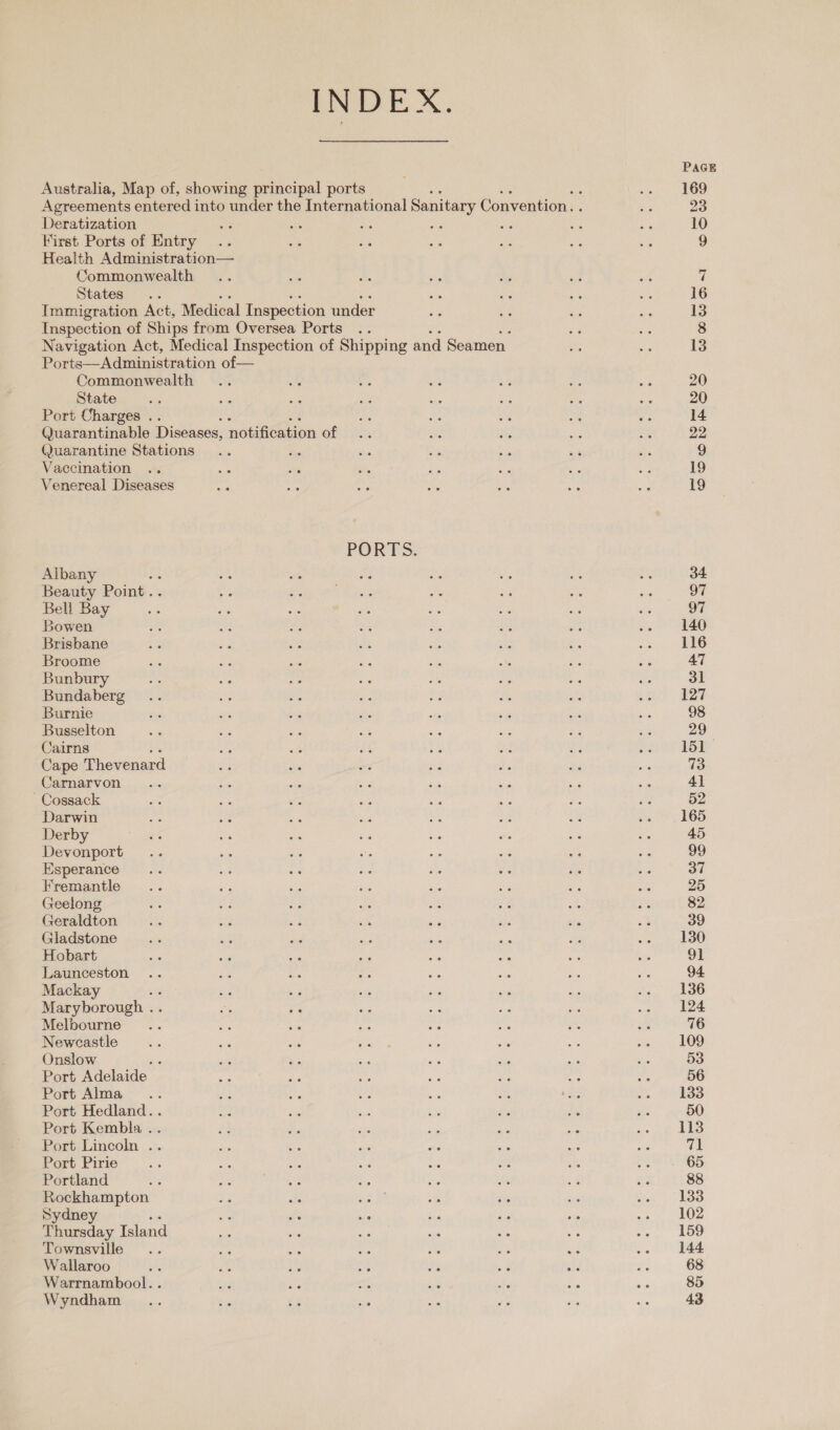 INDEX. Australia, Map of, showing principal ports Deratization First Ports of Entry Health Administration— Commonwealth States .. Immigration Act, Medical Inspection under Inspection of Ships from Oversea Ports . Navigation Act, Medical Inspection of Shipping and Seamen Ports—Administration of — Commonwealth State Port Charges .. Quarantinable Diseases, notification of Quarantine Stations Vaccination Venereal Diseases PORTS: Albany j Beauty Point. Bell Bay Bowen Brisbane Broome Bunbury Bundaberg Burnie Busselton Cairns Cape Thevenard Carnarvon Cossack Darwin Derby Devonport Esperance Fremantle Geelong Geraldton Gladstone Hobart Launceston Mackay Maryborough . . Melbourne Newcastle Onslow : Port Rdeide Port Alma Port Hedland.. Port Kembla .. Port Lincoln .. Port Pirie Portland Ms as ae ae Be Rockhampton BE sie eke 3 ate Sydney we we wie af iG Thursday Island Townsville Wallaroo Warrnambool. . e a ats Wyndham _.. a a an PAGE 169 23 10 16 13 13 20 20 14 22 19 19 34 97 97 140 116 47 31 127 98 29 151 73 41 165 45 99 37 82 39 130 94. 136 124 109 53 133 50 113 cb: 65 88 133 102 159 144 68 85 43