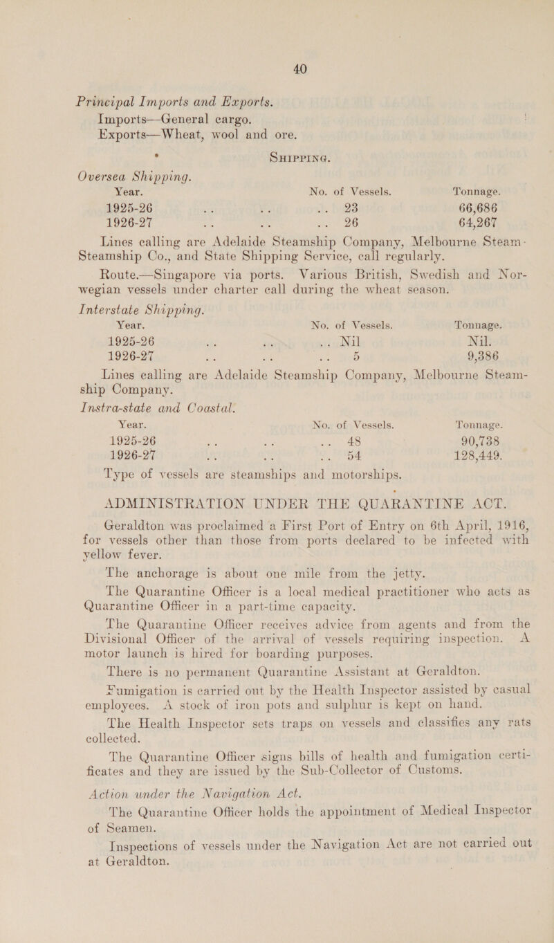 Principal Imports and Exports. Imports—General cargo. Exports— Wheat, wool and ore. ‘ SHIPPING. Oversea Shipping. Year. No. of Vessels. Tonnage. 1925-26 5 ‘z ts aa 66,686 1926-27 [ ~ a Be 64,267 Lines calling are Adelaide Steamship Company, Melbourne Steam- Steamship Co., and State Shipping Service, call regularly. Route.—Singapore via ports. Various British, Swedish and Nor- wegian vessels under charter call during the wheat season. Interstate Shipping. Year. No. of Vessels. Tonnage. 1925-26 ds is i iNal Nil. 1926-27 es ae: 9,386 Lines calling are Adelaide Steamship Company, Melbourne Steam- ship Company. Instra-state and Coastal. Year. No. of Vessels. Tonnage. 1925-26 ae és is) £8 90,738 1926-27 fk ‘ Sag ee 128,449. Type of vessels are steamships and motorships. ADMINISTRATION UNDER THE QUARANTINE ACT. Geraldton was proclaimed a First Port of Entry on 6th April, 1916, for vessels other than those from ports declared to be infected with yellow fever. The anchorage is about one mile from the jetty. The Quarantine Officer is a local medical practitioner who acts as Quarantine Officer in a part-time capacity. The Quarantine Officer receives advice from agents and from the Divisional Officer of the arrival of vessels requiring inspection. A motor launch is hired for boarding purposes. There is no permanent Quarantine Assistant at Geraldton. Fumigation is carried out by the Health Inspector assisted by casual employees. A stock of iron pots and sulphur is kept on hand. The Health Inspector sets traps on vessels and classifies any rats collected. The Quarantine Officer signs bills of health and fumigation certi- ficates and they are issued by the Sub-Collector of Customs. Action under the Navigation Act. The Quarantine Officer holds the appointment of Medical Inspector of Seamen. Inspections of vessels under the Navigation Act are not carried out at Geraldton.