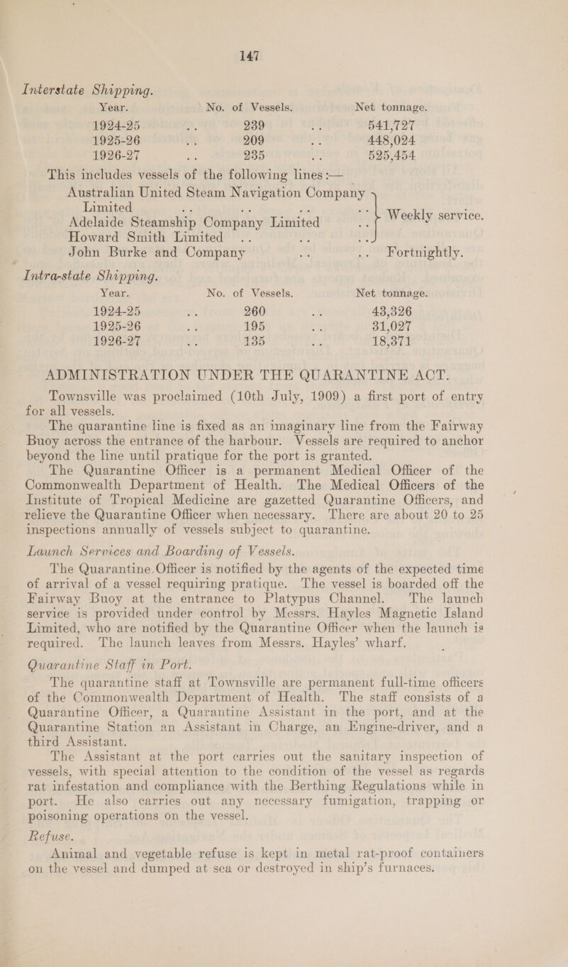 Interstate Shipping. Year. No. of Vessels. Net tonnage. 1924-25 , 939 i 541,727 1925-26 Ai 209 ser 448,024 1926-27 i 235 a 525,454 This includes vessels of the following lines:— — Australan United Steam Navigation Company Limited Adelaide Steamship Company Limited Howard Smith Limited Weekly service. ? John Burke and Company es Bs Fortnightly. Intra-state Shipping. Year. No. of Vessels. Net tonnage. 1924-25 i 260 ‘2 43,326 1925-26 va 195 re 31,027 1926-27 y 135 gf 18,371 ADMINISTRATION UNDER THE QUARANTINE ACT. Townsville was proclaimed (10th July, 1909) a first port of entry for all vessels. The quarantine line is fixed as an imaginary line from the Fairway Buoy across the entrance of the harbour. Vessels are required to anchor beyond the line until pratique for the port is granted. The Quarantine Officer is a permanent Medical Officer of the Commonwealth Department of Health. The Medical Officers of the Institute of Tropical Medicine are gazetted Quarantine Officers, and relieve the Quarantine Officer when necessary. There are about 20 to 25 inspections annually of vessels subject to quarantine. Launch Services and Boarding of Vessels. The Quarantine. Officer is notified by the agents of the expected time of arrival of a vessel requiring pratique. ‘The vessel is boarded off the Fairway Buoy at the entrance to Platypus Channel. The launch service 1s provided under control by Messrs. Hayles Magnetic Island Limited, who are notified by the Quarantine Officer when the launch is required. The launch leaves from Messrs. Hayles’ wharf. Quarantine Staff on Port. The quarantine staff at Townsville are permanent full-time officers of the Commonwealth Department of Health. The staff consists of a Quarantine Officer, a Quarantine Assistant in the port, and at the Quarantine Station an Assistant in Charge, an Kngine-driver, and a third Assistant. The Assistant at the port carries out the sanitary inspection of vessels, with special attention to the condition of the vessel as regards rat infestation and compliance with the Berthing Regulations while in port. He also carries out any necessary fumigation, trapping or poisoning operations on the vessel. Refuse. Animal and vegetable refuse is kept in metal rat-proof containers on the vessel and dumped at sea or destroyed in ship’s furnaces.