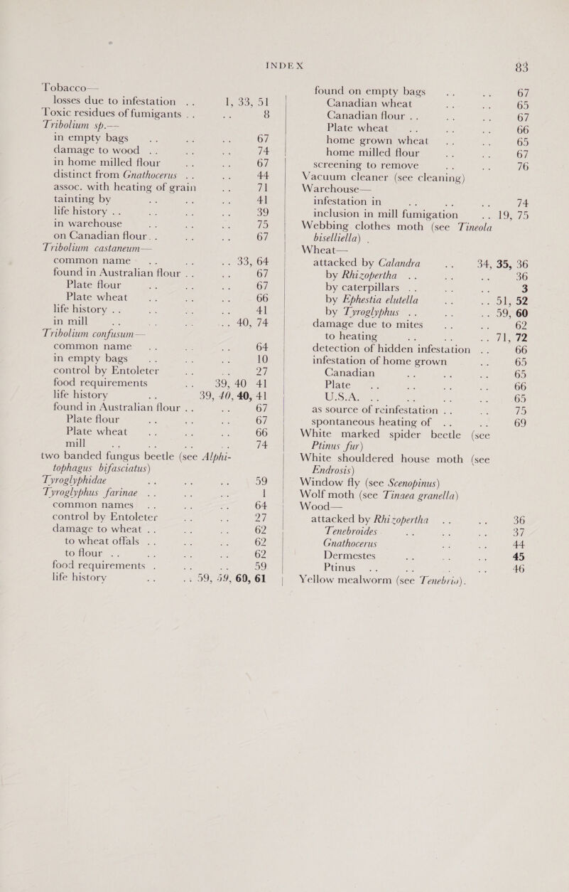 Tobacco— found on empty bags 67 losses due to infestation Ik 33,51 Canadian wheat 65 Toxic residues of fumigants . . 8 Canadian flour . . 67 Tribolium sp.— Plate wheat 66 in empty bags 67 home grown wheat 65 damage to wood 1/2 home milled flour 67 in home milled flour 67 screening to remove 76 distinct from Gnathocerus . . 44 Vacuum cleaner (see cleaning) assoc. with heating of grain 71 Warehouse— tainting by 4] infestation in 3 A se 74 life history .. oY) inclusion in mill fumigation el OTS in warehouse 75 Webbing clothes moth (see Tineola on Canadian flour. . 67 biselliella) | Tribolium castaneum— Wheat— common name... = 64 attacked by Calandra 34, 35, 36 found in Australian flour . . 67 by Rhizopertha oe 36 Plate flour 67 by caterpillars oe 3 Plate wheat 66 by Ephestia elutella Sn LE OZ life history .. 4] by Tyroglyphus .. . 59, 60 in mill 74 damage due to mites 62 Tribolium confusum— to heating a eb laae common name 64 detection of hidden infestation 66 control by Entoleter oe ea Canadian 65 food requirements : 39, 40 41 Plate 66 life history 39, 40, 40, 41 U.S.A. ~ re 65 found in Australian flour . . sn 67 as source of reinfestation . . TE Plate flour 67 spontaneous heating of . 69 Plate wheat 66 White marked spider beetle (see mill i on ie se 74 Ptinus fur) two banded fungus beetle (see Alphi- White shouldered house moth (see tophagus bifasctatus) Endrosis) T yroglyphidae ed 59 Window fly (see Scenopinus) Tyroglyphus farinae l Wolf moth (see Tinaea granella) common names .. 64 Wood— control by Entoleter vad attacked by Rhizopertha 36 damage to wheat .. 62 T enebroides oy) to wheat offals .. 62 Gnathocerus 44 LOmMOUr-. . ae 62 Dermestes 45 food requirements . = a ) Ptinus ae 46 life history .+ 09, 59, 60, 61 Yellow mealworm (see Tenebriv). 