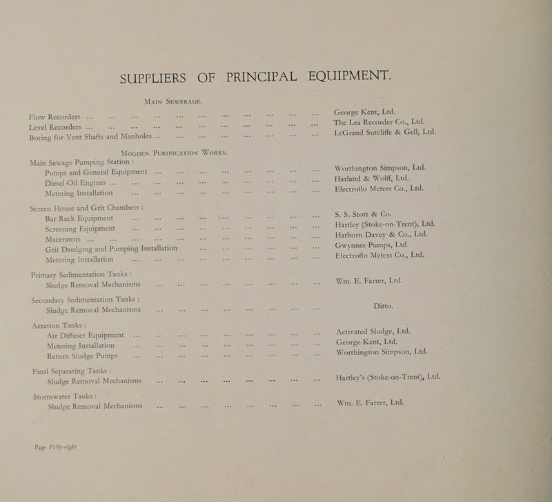 SUPPLIERS OF PRINCIPAL MAIN SEWERAGE. Flow Recorders Level Recorders . ed Sie os Boring for Vent Shafts and Manholes ... MocGpeEN PurtricaTioN WORKS. Main Sewage Pumping Station : Pumps and General Equipment Diesel-Oil Engines ... Metering Installation Screen House and Grit Chambers : Bar Rack Equipment Screening Equipment Macerators ... noe see ie ae Grit Dredging and Pumping Installation Metering Installation Primary Sedimentation Tanks : Sludge Removal Mechanisms Secondary Sedimentation Tanks : Sludge Removal Mechanisms Aeration Tanks : Air Diffuser Equipment Metering Installation Return Sludge Pumps Final Separating Tanks : Sludge Removal Mechanisms Stormwater Tanks : Sludge Removal Mechanisms Page Fifty-eight EQUIPMENT. George Kent, Ltd. The Lea Recorder Co., Ltd. LeGrand Sutcliffe &amp; Gell, Ltd. Worthington Simpson, Ltd. Harland &amp; Wolff, Ltd. Electroflo Meters Co., Ltd. S: S2 otottc, Coz Hartley (Stoke-on-Trent), Ltd. Hathorn Davey &amp; Co., Ltd. Gwynnes Pumps, Ltd. Electroflo Meters Co., Ltd. Wm. E. Farrer, Ltd. Ditto. Activated Sludge, Ltd. George Kent, Ltd. Worthington Simpson, Ltd. Hartley’s (Stoke-on-Trent), Ltd. Wm. E. Farrer, Ltd. ee