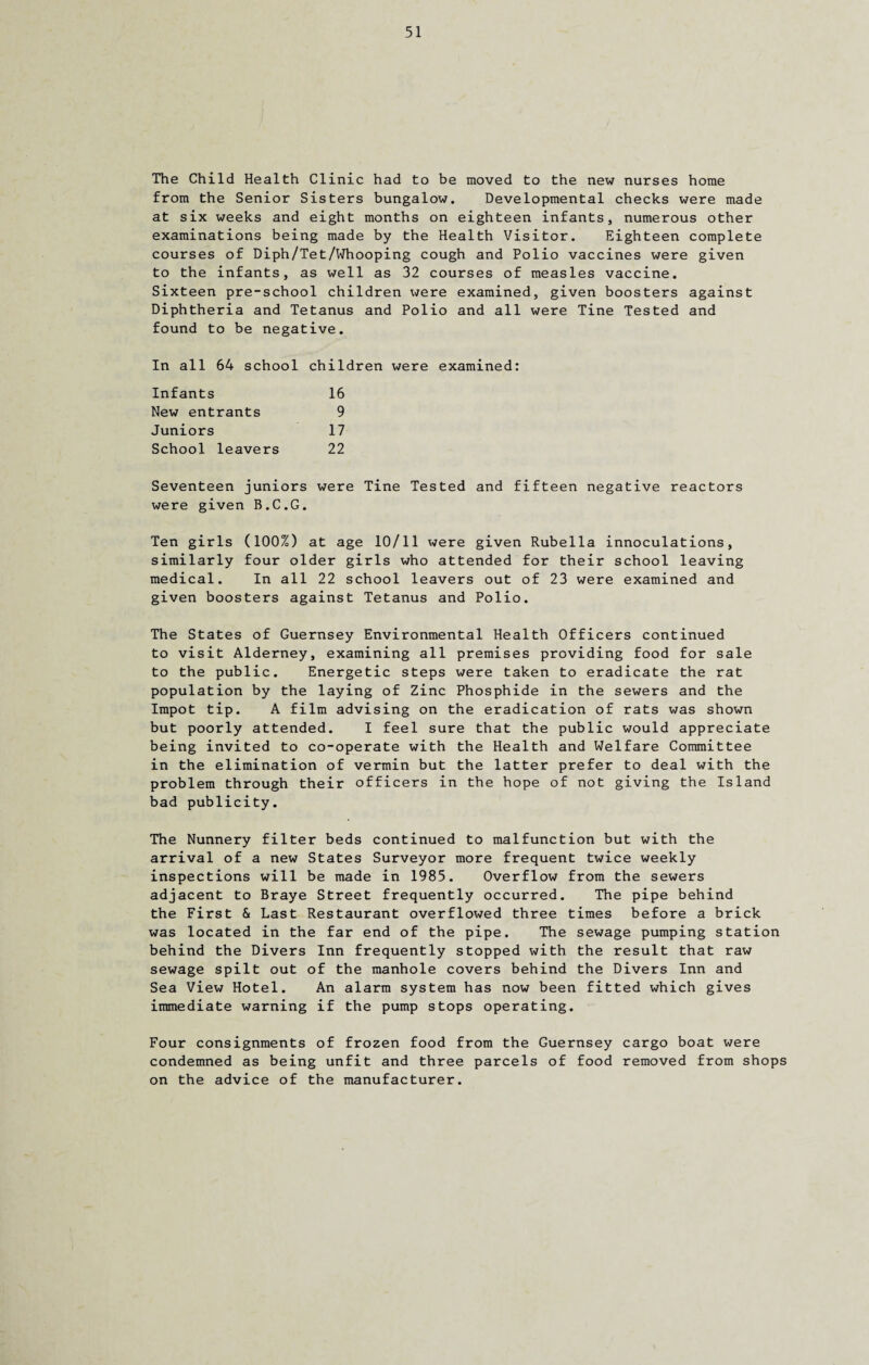 The Child Health Clinic had to be moved to the new nurses home from the Senior Sisters bungalow. Developmental checks were made at six weeks and eight months on eighteen infants, numerous other examinations being made by the Health Visitor. Eighteen complete courses of Diph/Tet/Whooping cough and Polio vaccines were given to the infants, as well as 32 courses of measles vaccine. Sixteen pre-school children were examined, given boosters against Diphtheria and Tetanus and Polio and all were Tine Tested and found to be negative. In all 64 school children were examined: Infants 16 New entrants 9 Juniors 17 School leavers 22 Seventeen juniors were Tine Tested and fifteen negative reactors were given B.C.G. Ten girls (100%) at age 10/11 were given Rubella innoculations, similarly four older girls who attended for their school leaving medical. In all 22 school leavers out of 23 were examined and given boosters against Tetanus and Polio. The States of Guernsey Environmental Health Officers continued to visit Alderney, examining all premises providing food for sale to the public. Energetic steps were taken to eradicate the rat population by the laying of Zinc Phosphide in the sewers and the Impot tip. A film advising on the eradication of rats was shown but poorly attended. I feel sure that the public would appreciate being invited to co-operate with the Health and Welfare Committee in the elimination of vermin but the latter prefer to deal with the problem through their officers in the hope of not giving the Island bad publicity. The Nunnery filter beds continued to malfunction but with the arrival of a new States Surveyor more frequent twice weekly inspections will be made in 1985. Overflow from the sewers adjacent to Braye Street frequently occurred. The pipe behind the First & Last Restaurant overflowed three times before a brick was located in the far end of the pipe. The sewage pumping station behind the Divers Inn frequently stopped with the result that raw sewage spilt out of the manhole covers behind the Divers Inn and Sea View Hotel. An alarm system has now been fitted which gives immediate warning if the pump stops operating. Four consignments of frozen food from the Guernsey cargo boat were condemned as being unfit and three parcels of food removed from shops on the advice of the manufacturer.